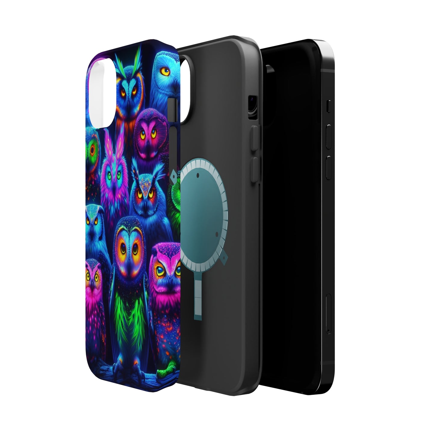 Neon Nocturnal Nook Neon Owls Premium Art Magsafe Magnet Tough IPhone 13 14 15 Pro Plus Max and Mini in Matte and Glossy Phone cases