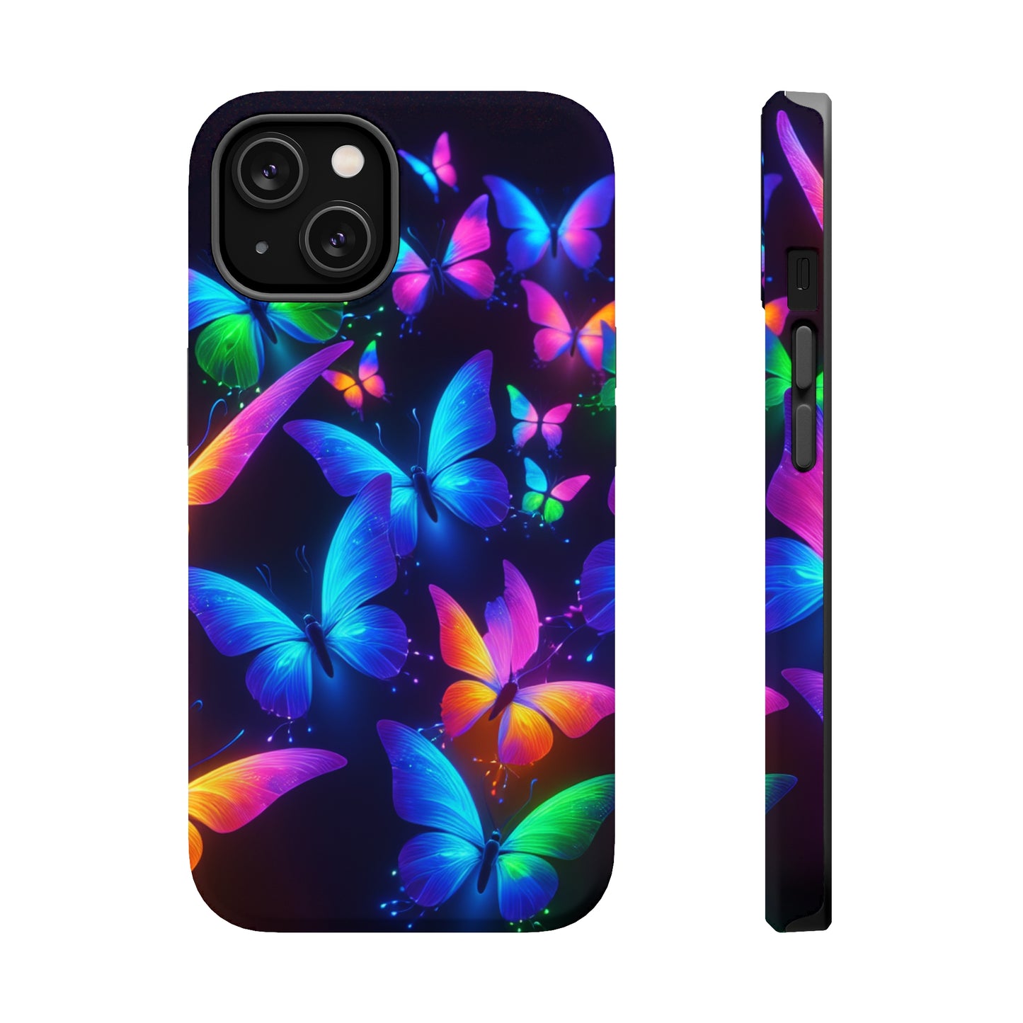 "Vibrant Neon Flutter" Neon Butterflies Premium Art Magsafe Magnet Tough IPhone 13 14 15 Pro Plus Max and Mini in Matte and Glossy Phone cases