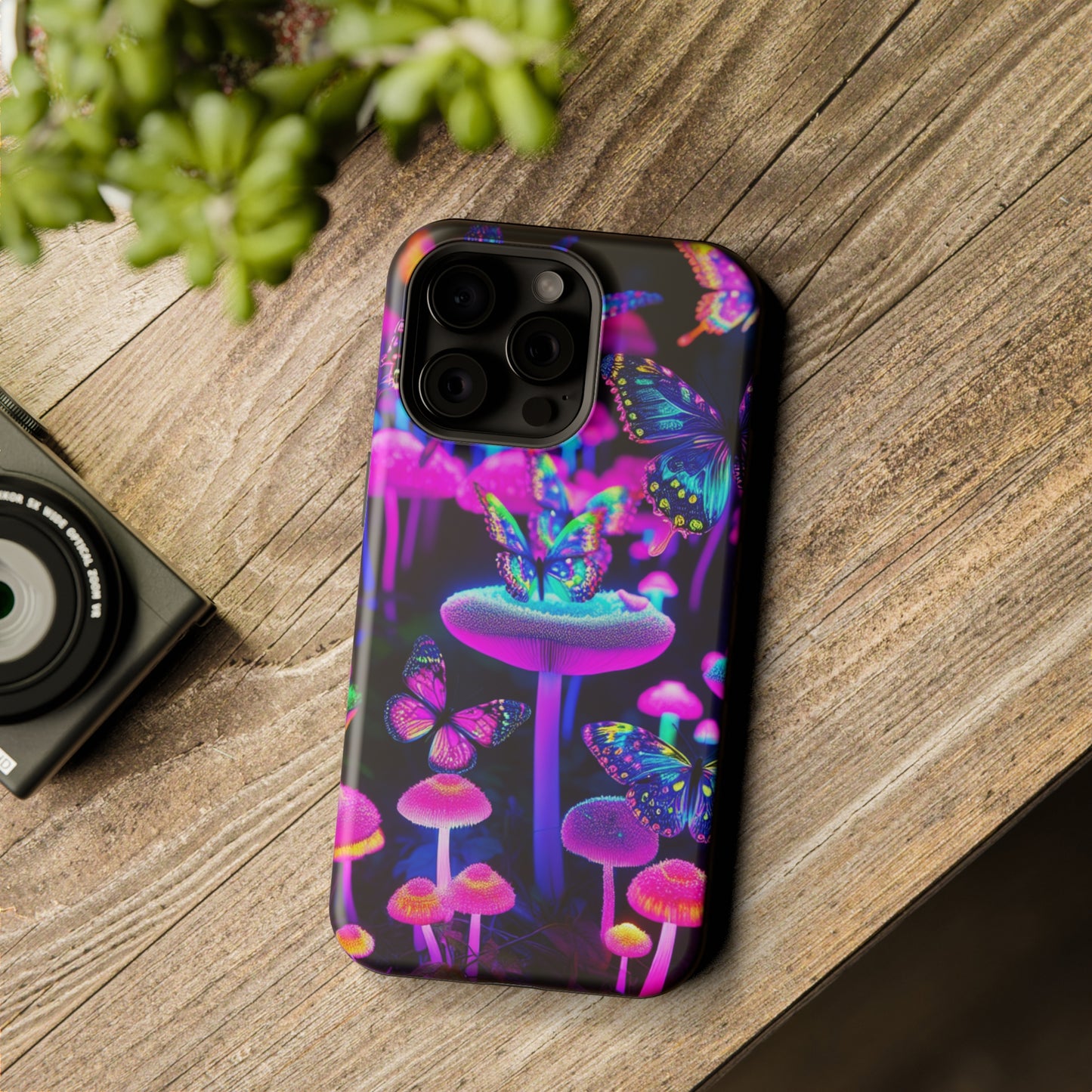"Neon Gloomsprite Dance" Neon Butterflies and Mushrooms Premium Art Magsafe Magnet Tough IPhone 13 14 15 Pro Plus Max and Mini in Matte and Glossy Phone cases
