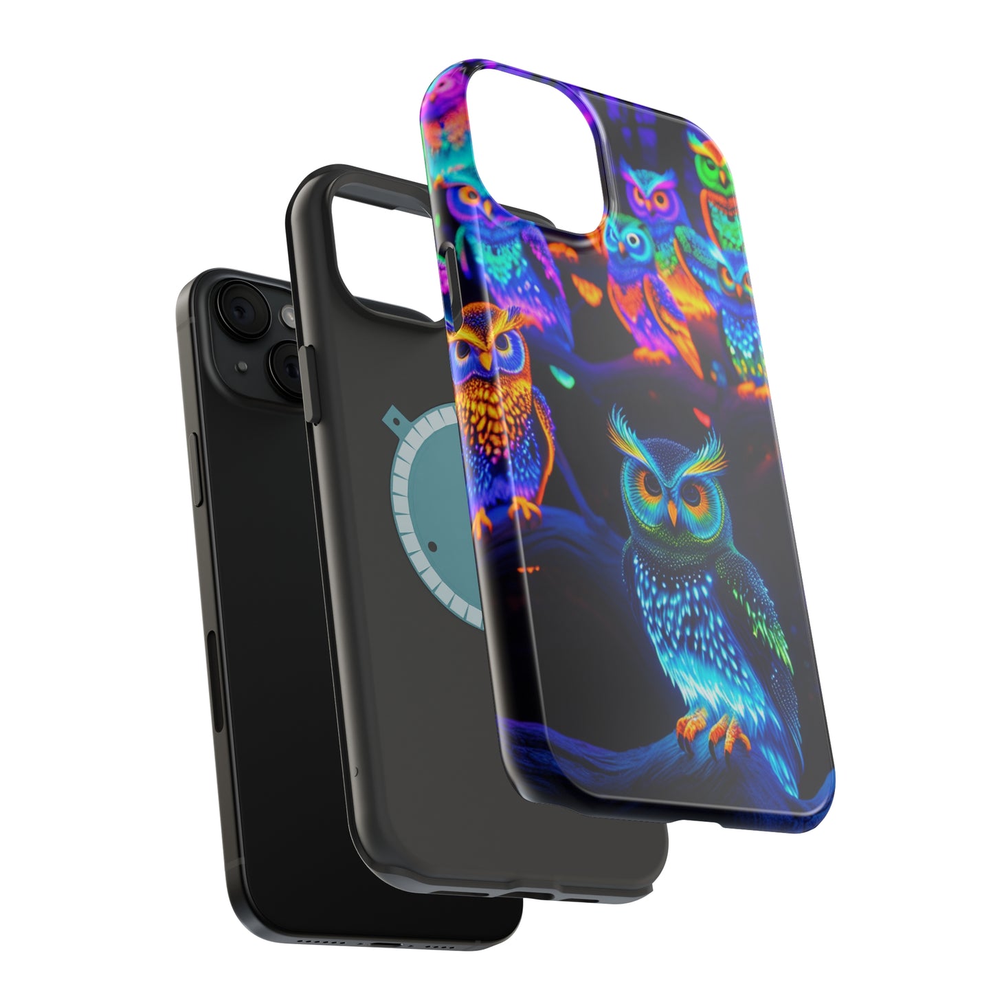 Glowing Neon Clan. Neon Owls Premium Art Magsafe Magnet Tough IPhone 13 14 15 Pro Plus Max and Mini in Matte and Glossy Phone cases