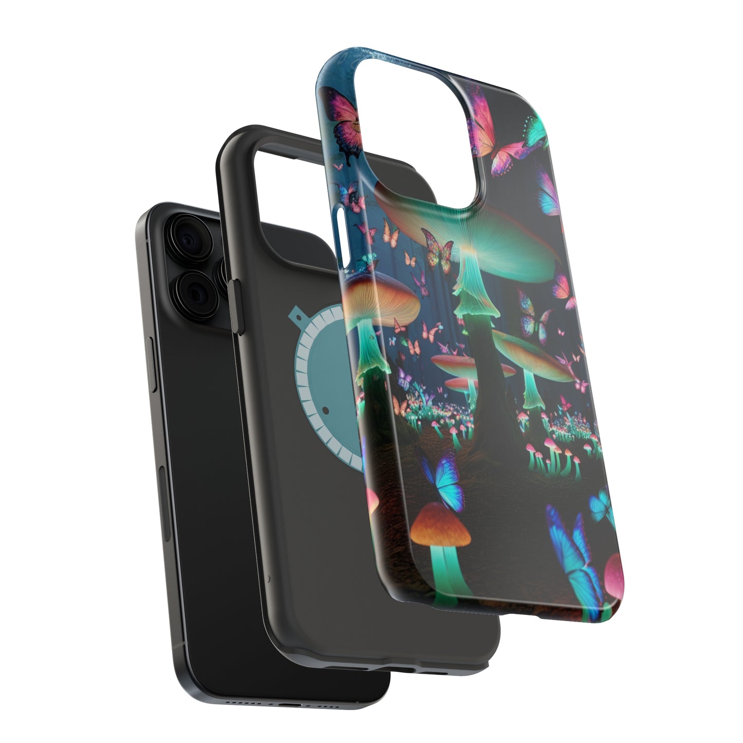 Neon Garden Delight. Neon Butterflies and Mushrooms Premium Art Magsafe Magnet Tough IPhone 13 14 15 Pro Plus Max and Mini in Matte and Glossy Phone cases