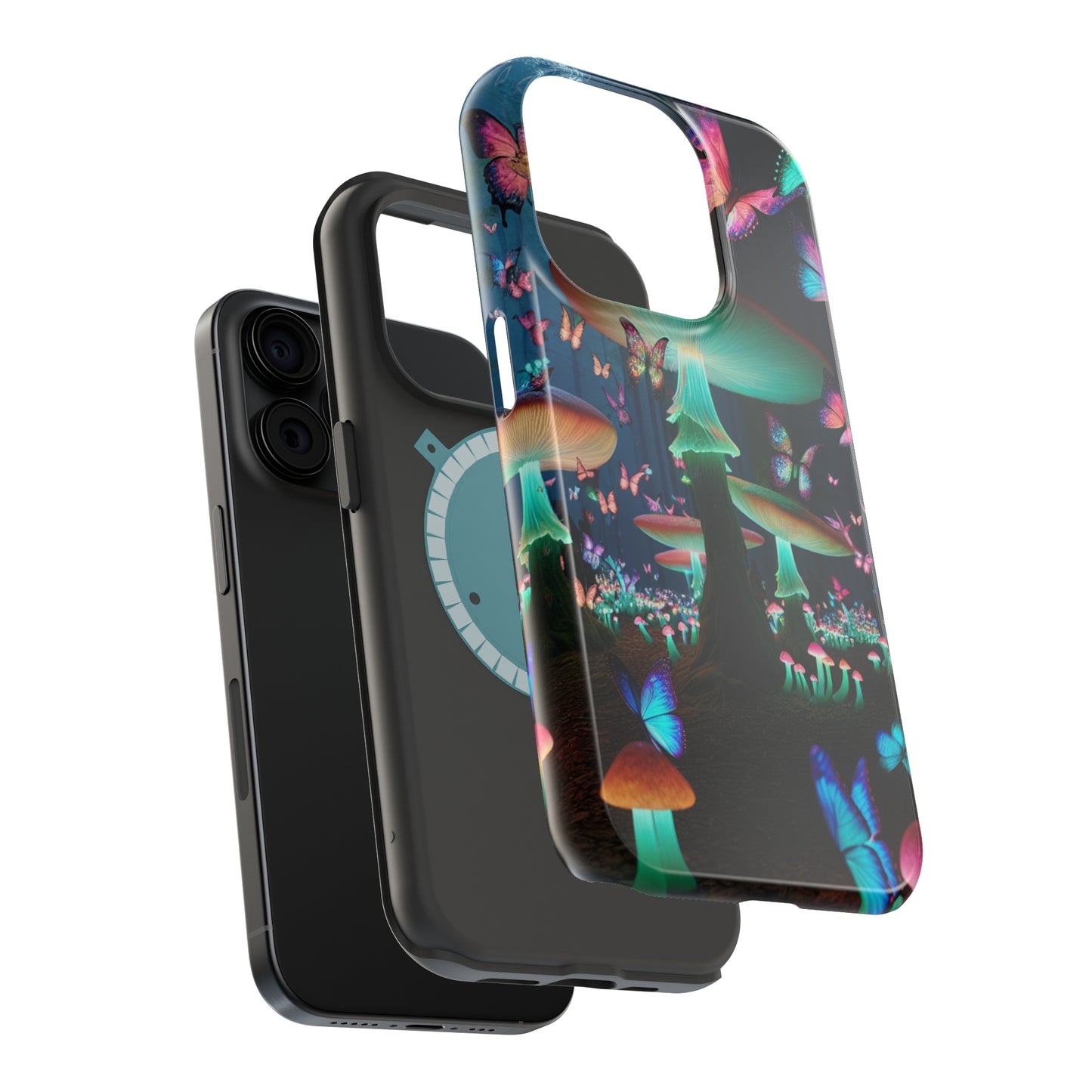 Neon Garden Delight. Neon Butterflies and Mushrooms Premium Art Magsafe Magnet Tough IPhone 13 14 15 Pro Plus Max and Mini in Matte and Glossy Phone cases