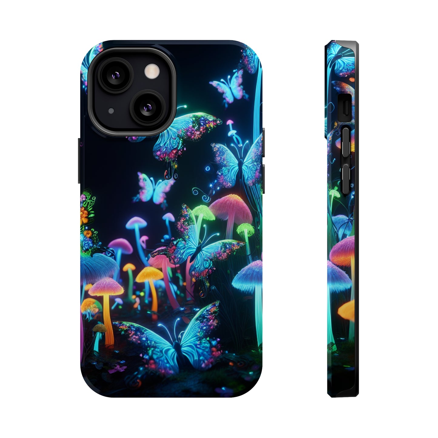 "Neon Dreamscape" Neon Butterflies and Mushrooms Premium Art Magsafe Magnet Tough IPhone 13 14 15 Pro Plus Max and Mini in Matte and Glossy Phone cases