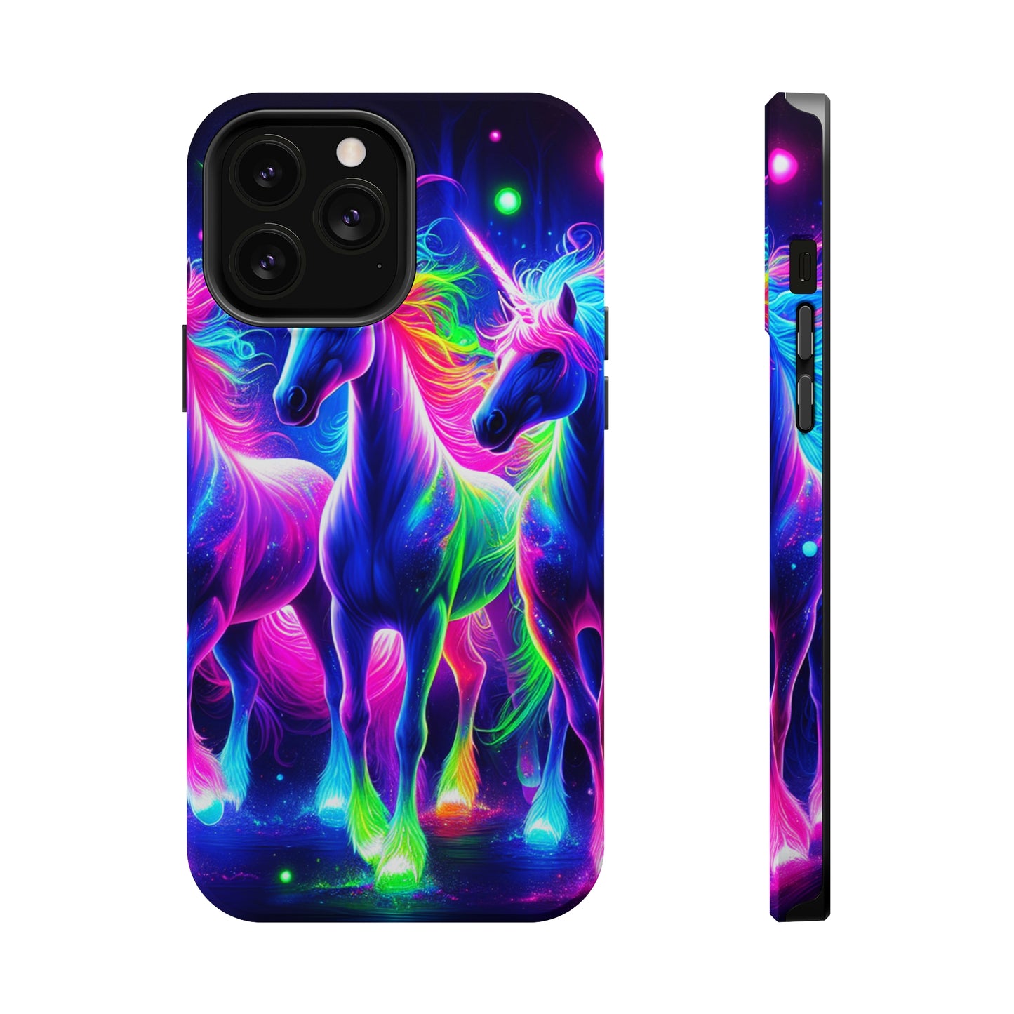 "Uni-Neon Fantasy" Neon Unicorns Premium Art Magsafe Magnet Tough IPhone 13 14 15 Pro Plus Max and Mini in Matte and Glossy Phone cases