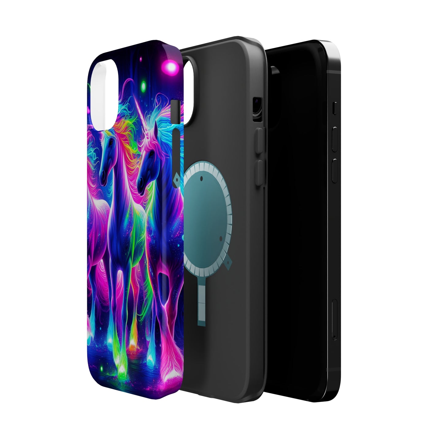 "Uni-Neon Fantasy" Neon Unicorns Premium Art Magsafe Magnet Tough IPhone 13 14 15 Pro Plus Max and Mini in Matte and Glossy Phone cases