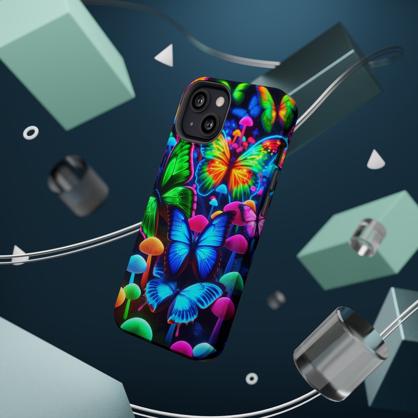"Fantastic Fruition" Neon Butterflies and Mushrooms Premium Art Magsafe Magnet Tough IPhone 13 14 15 Pro Plus Max and Mini in Matte and Glossy Phone cases