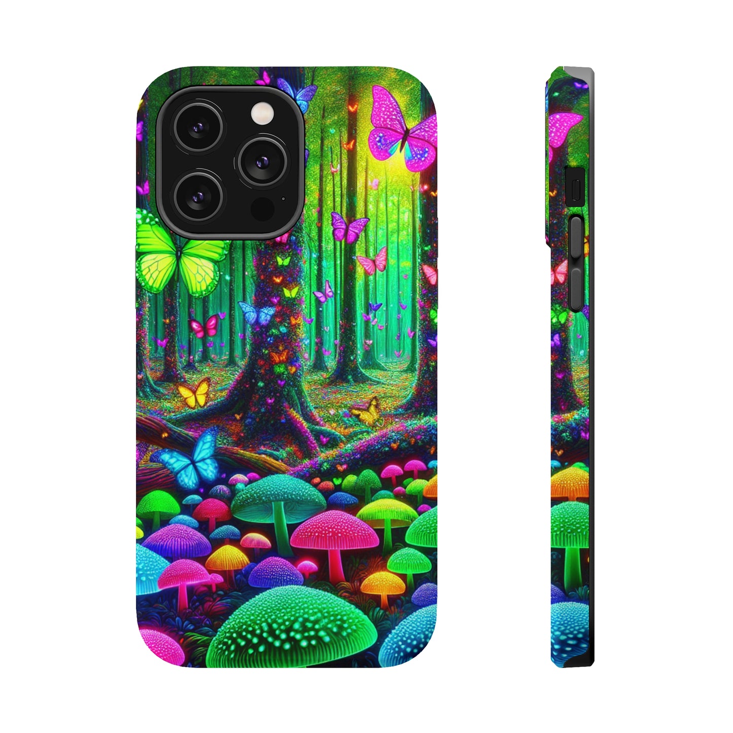 "Neon Garden Symphony". Neon Butterflies and Mushrooms Premium Art Magsafe Magnet Tough IPhone 13 14 15 Pro Plus Max and Mini in Matte and Glossy Phone cases