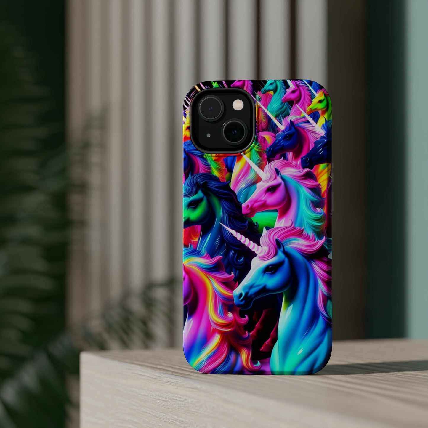 "Neon Illumination" Neon Unicorns Premium Art Magsafe Magnet Tough IPhone 13 14 15 Pro Plus Max and Mini in Matte and Glossy Phone cases