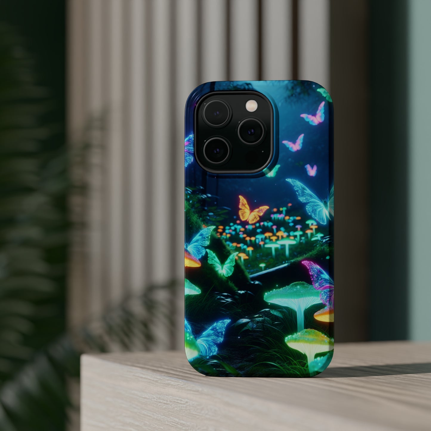 "Neon Meadow" Neon Butterflies and Mushrooms Premium Art Magsafe Magnet Tough IPhone 13 14 15 Pro Plus Max and Mini in Matte and Glossy Phone cases