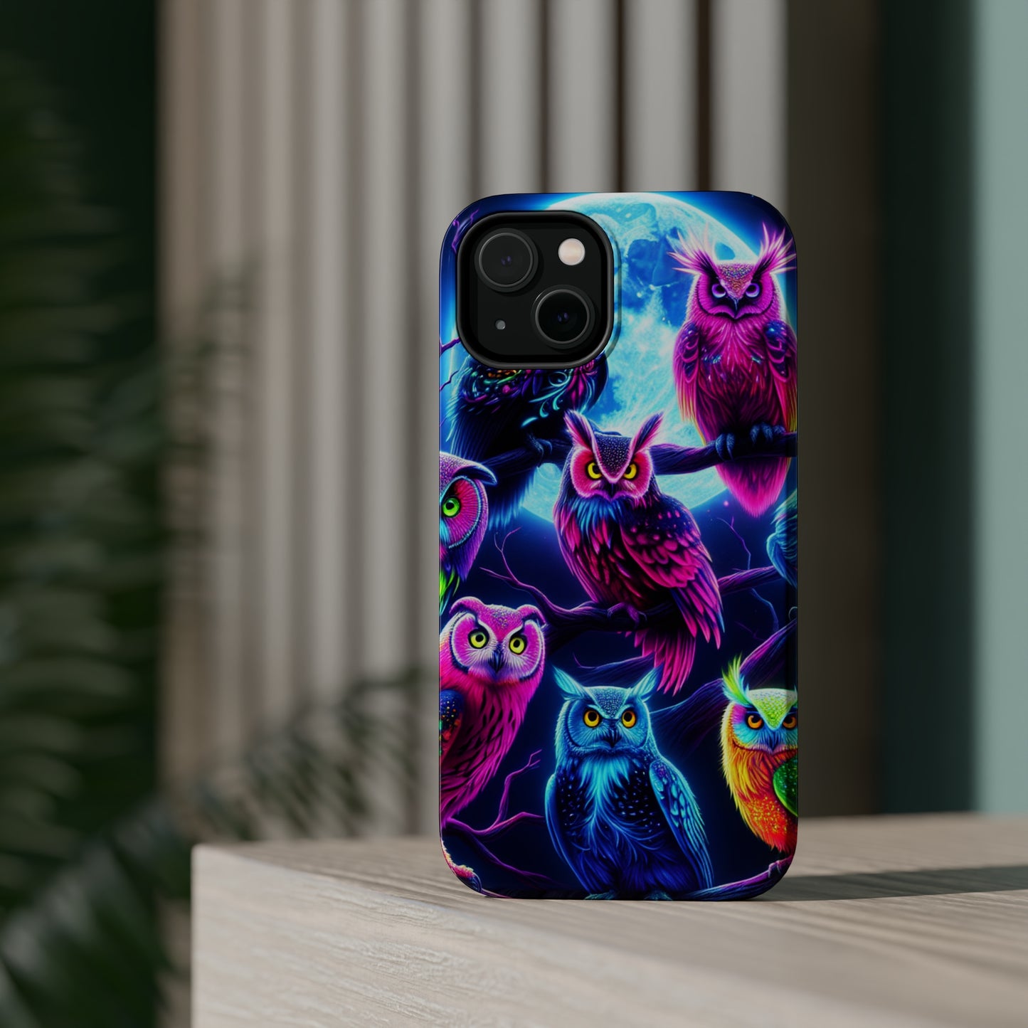 "Neon Splash of Owls" Neon Owls Premium Art Magsafe Magnet Tough IPhone 13 14 15 Pro Plus Max and Mini in Matte and Glossy Phone cases