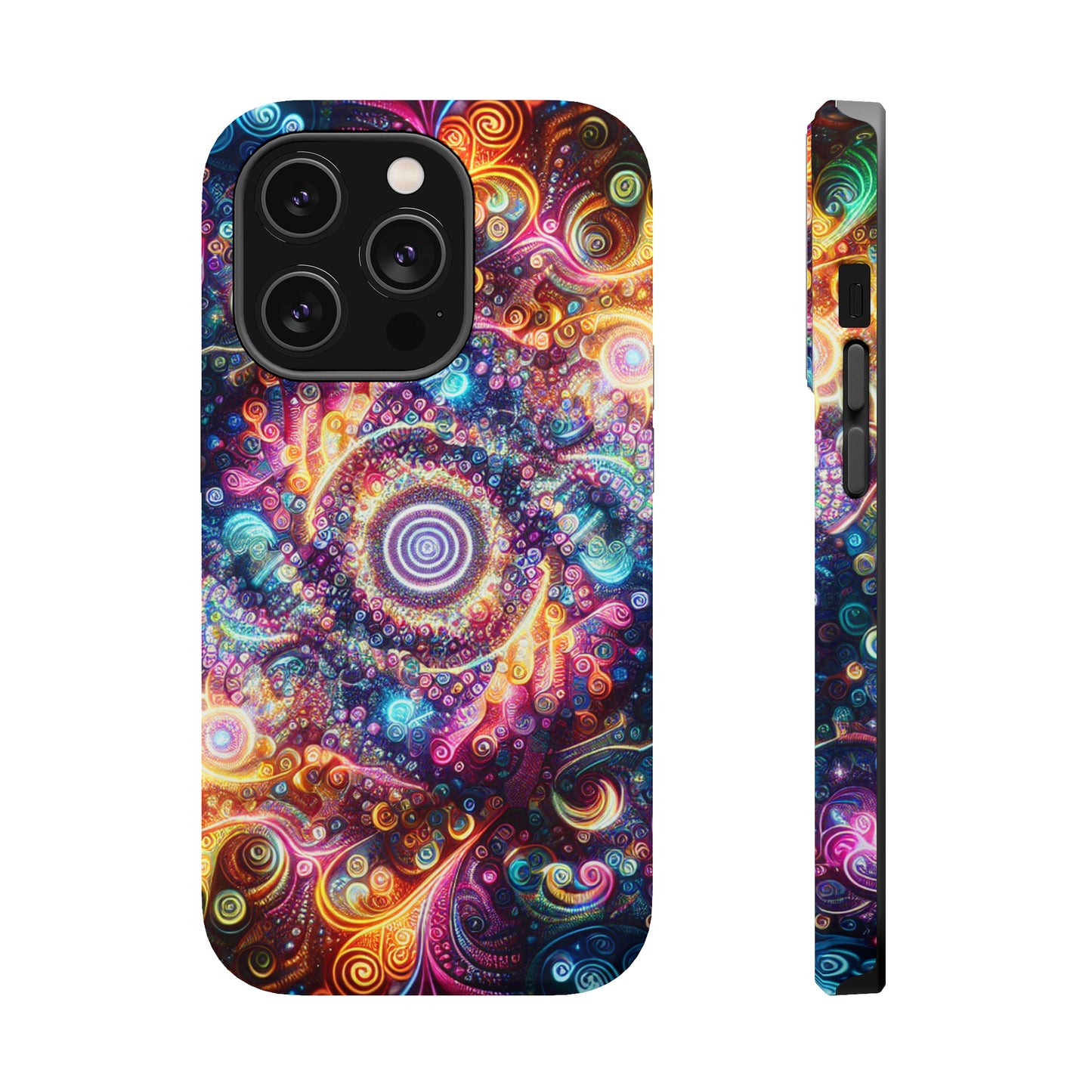 Cosmic Chromatic Mirage. Neon Trippy Infinity Patterns Premium Art Magsafe Magnet Tough IPhone 13 14 15 Pro Plus Max and Mini in Matte and Glossy Phone cases