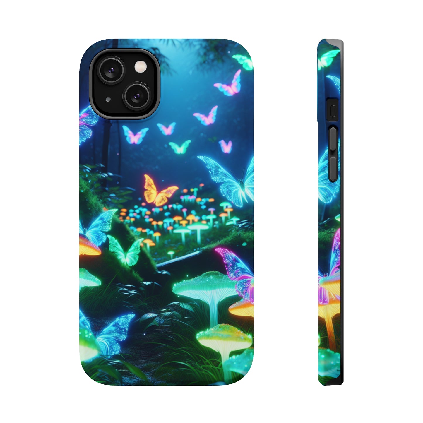 "Neon Meadow" Neon Butterflies and Mushrooms Premium Art Magsafe Magnet Tough IPhone 13 14 15 Pro Plus Max and Mini in Matte and Glossy Phone cases