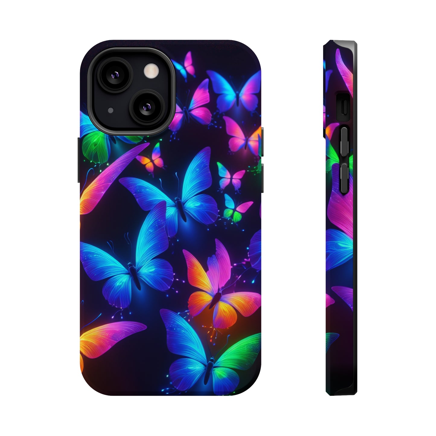 "Vibrant Neon Flutter" Neon Butterflies Premium Art Magsafe Magnet Tough IPhone 13 14 15 Pro Plus Max and Mini in Matte and Glossy Phone cases