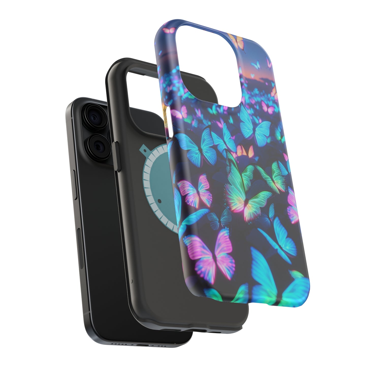"Fantasia of Neon Butterflies" Neon Butterflies Premium Art Magsafe Magnet Tough IPhone 13 14 15 Pro Plus Max and Mini in Matte and Glossy Phone cases