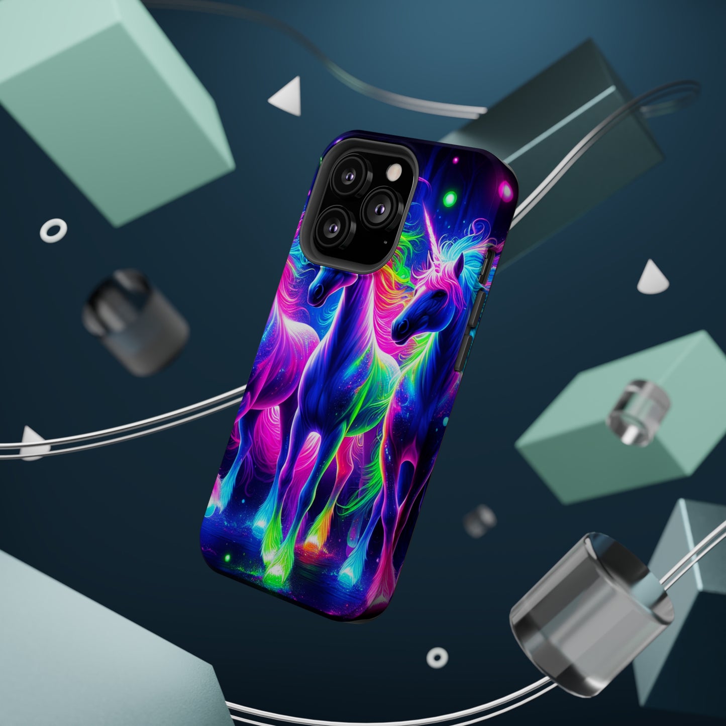 "Uni-Neon Fantasy" Neon Unicorns Premium Art Magsafe Magnet Tough IPhone 13 14 15 Pro Plus Max and Mini in Matte and Glossy Phone cases