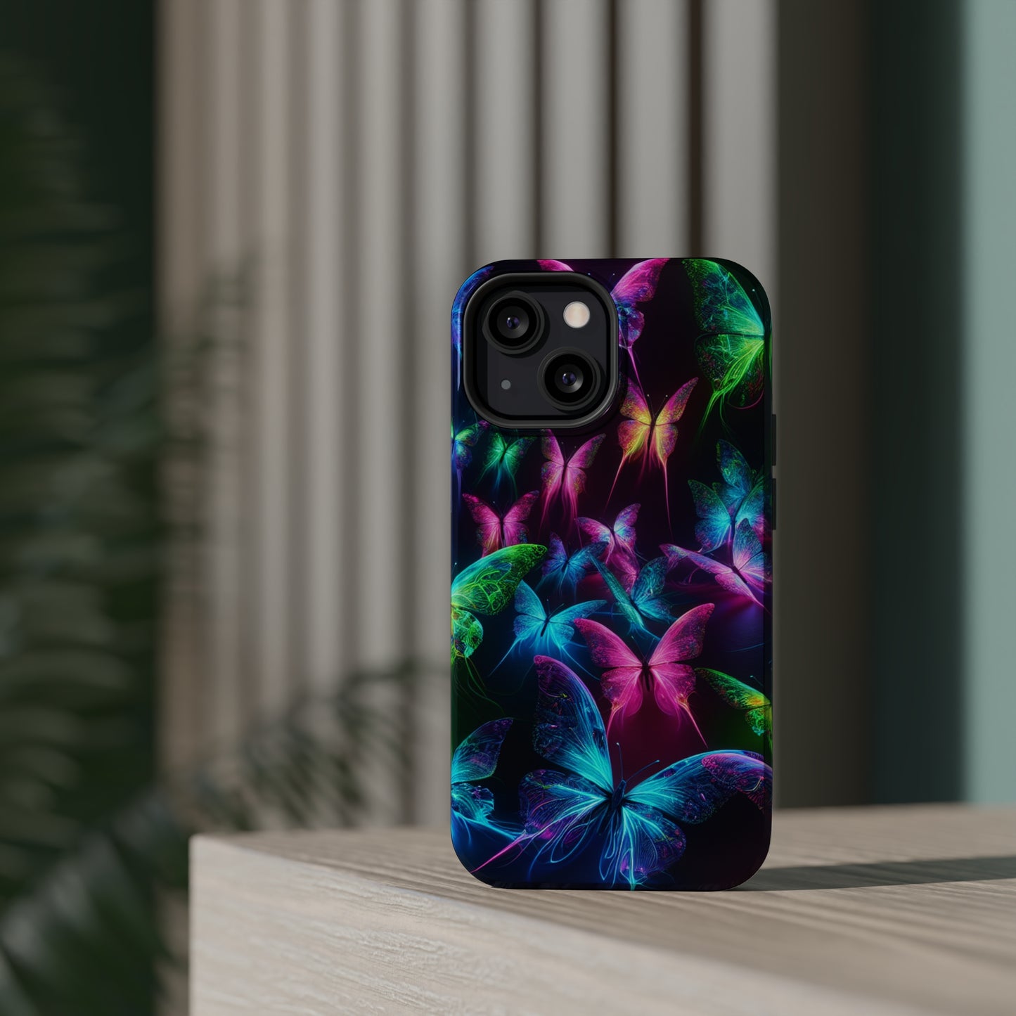 'Euphoria in Neon Flight' Neon Butterflies Premium Art Magsafe Magnet Tough IPhone 13 14 15 Pro Plus Max and Mini in Matte and Glossy Phone cases