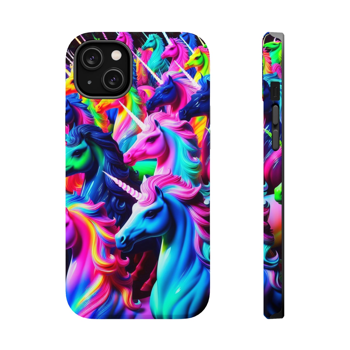 "Neon Illumination" Neon Unicorns Premium Art Magsafe Magnet Tough IPhone 13 14 15 Pro Plus Max and Mini in Matte and Glossy Phone cases