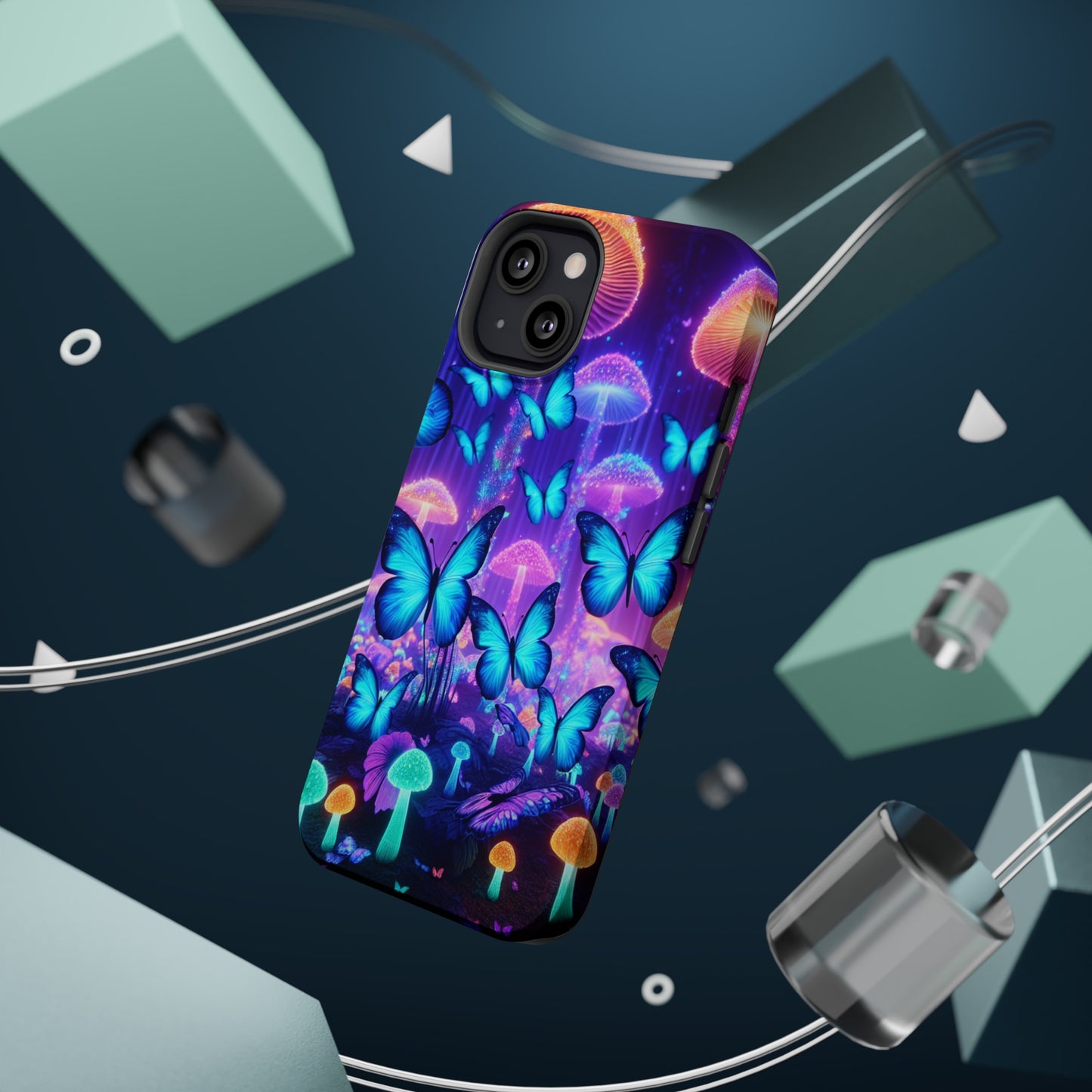 Neon Delight Landscape Neon Butterflies and Mushrooms Premium Art Magsafe Magnet Tough IPhone 13 14 15 Pro Plus Max and Mini in Matte and Glossy Phone cases