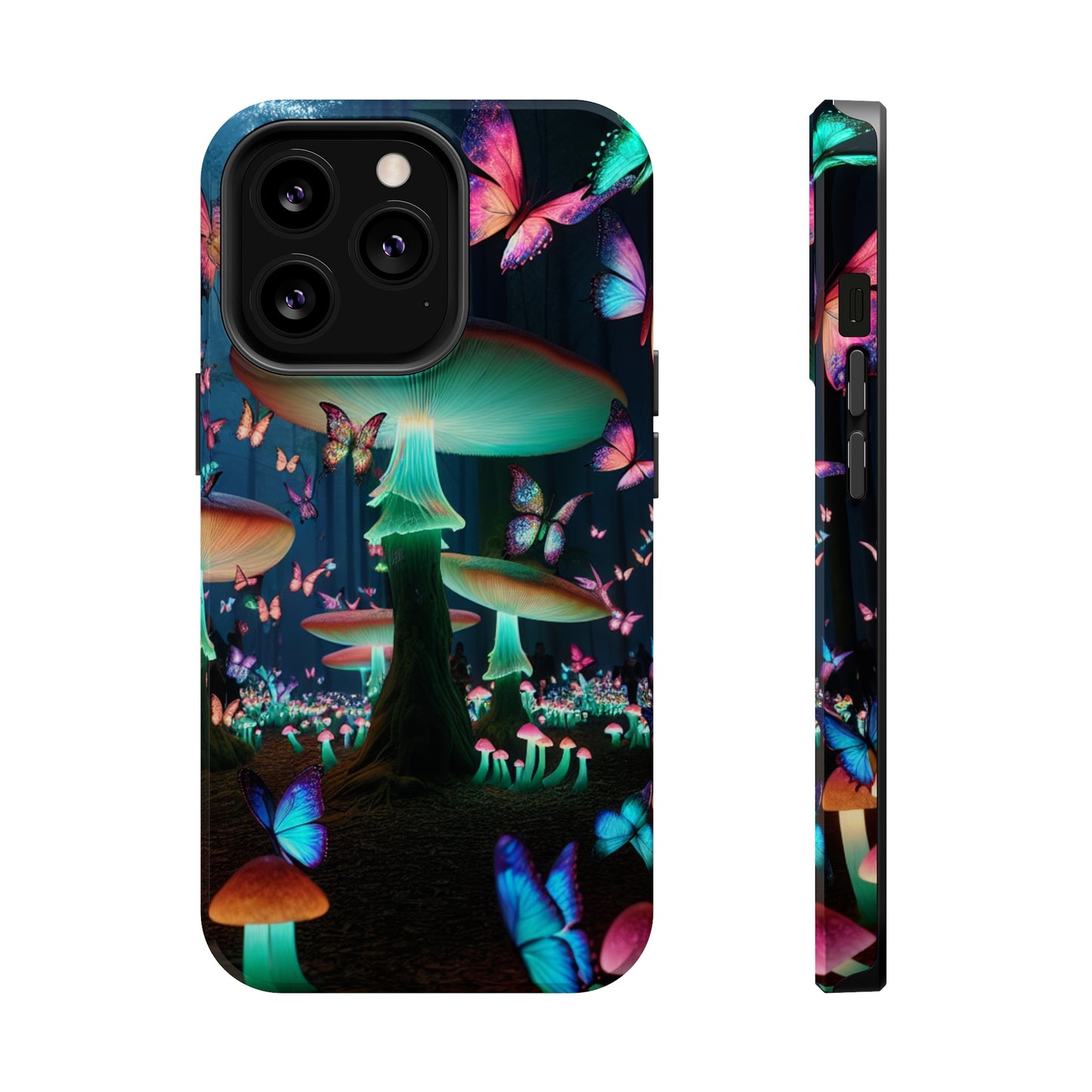 Neon Garden Delight. Neon Butterflies and Mushrooms Premium Art Magsafe Magnet Tough IPhone 13 14 15 Pro Plus Max and Mini in Matte and Glossy Phone cases