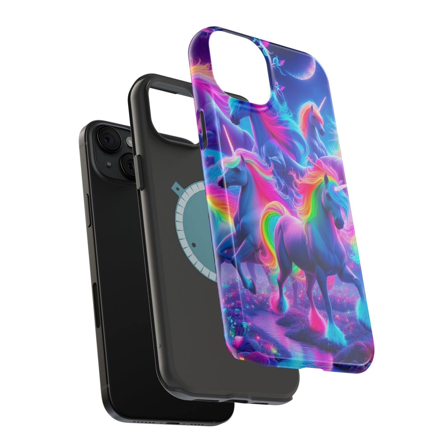 "Unicorn Prism" Neon Unicorns Premium Art Magsafe Magnet Tough IPhone 13 14 15 Pro Plus Max and Mini in Matte and Glossy Phone cases