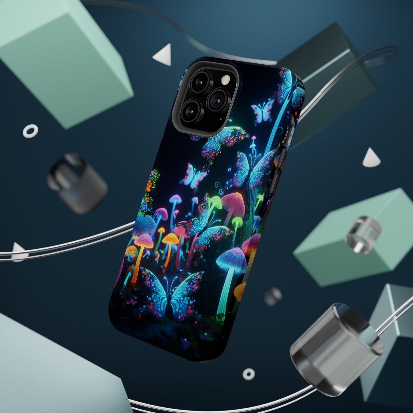 "Neon Dreamscape" Neon Butterflies and Mushrooms Premium Art Magsafe Magnet Tough IPhone 13 14 15 Pro Plus Max and Mini in Matte and Glossy Phone cases