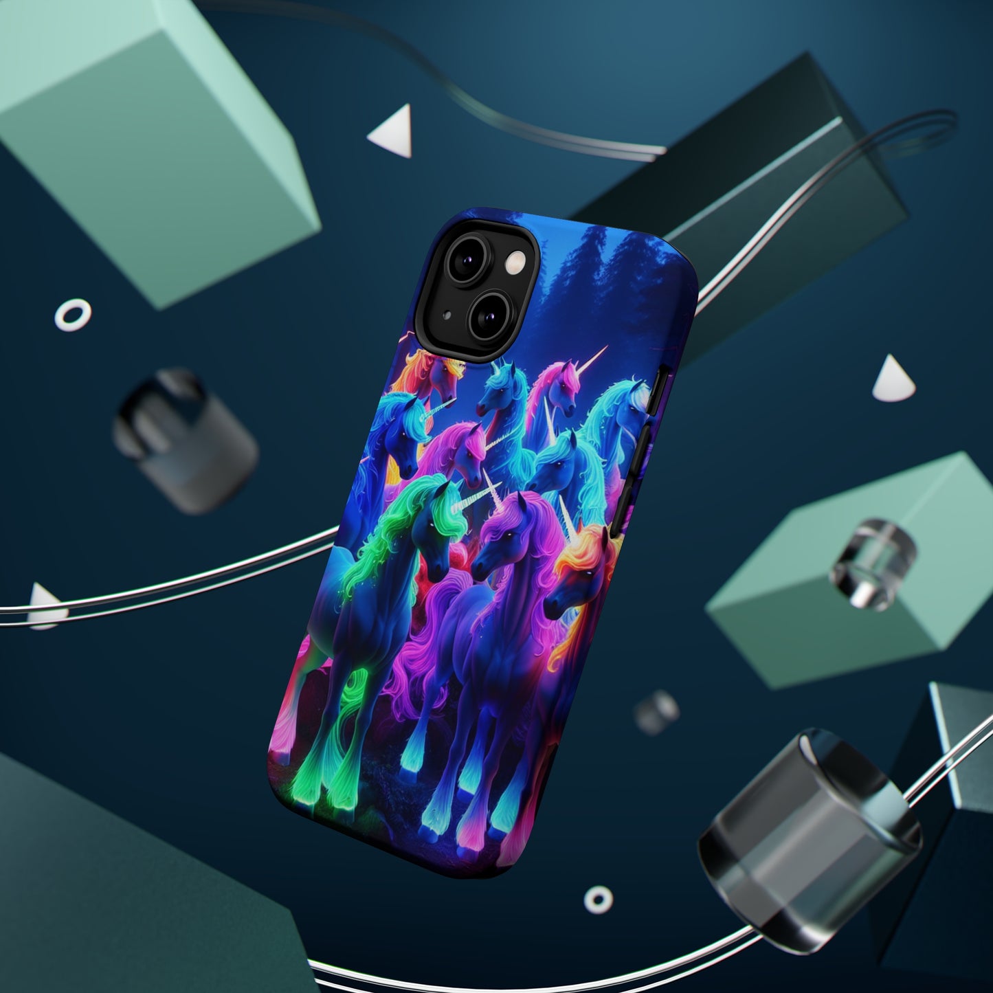 "Neon Fantasyland" Neon Unicorns Premium Art Magsafe Magnet Tough IPhone 13 14 15 Pro Plus Max and Mini in Matte and Glossy Phone cases