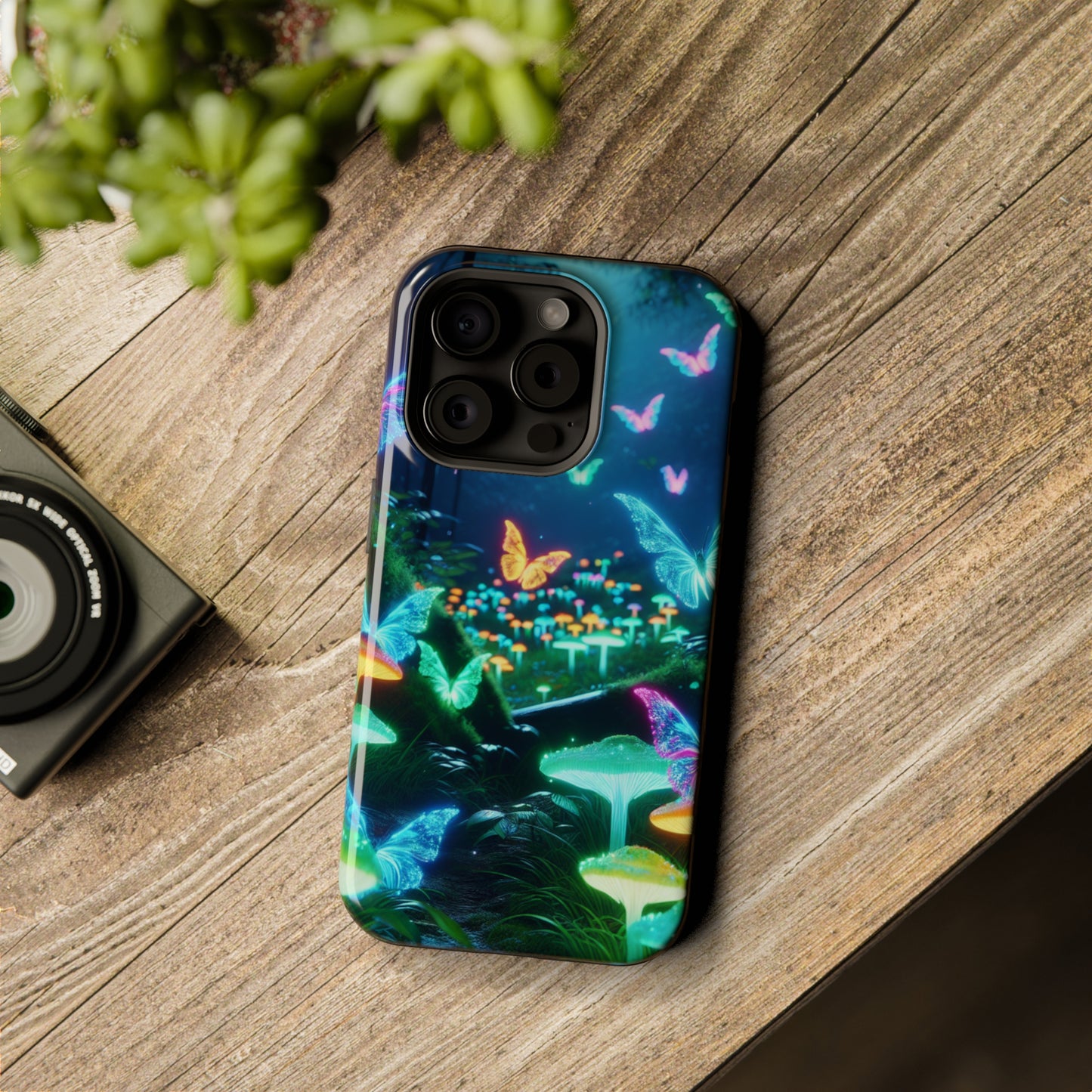"Neon Meadow" Neon Butterflies and Mushrooms Premium Art Magsafe Magnet Tough IPhone 13 14 15 Pro Plus Max and Mini in Matte and Glossy Phone cases