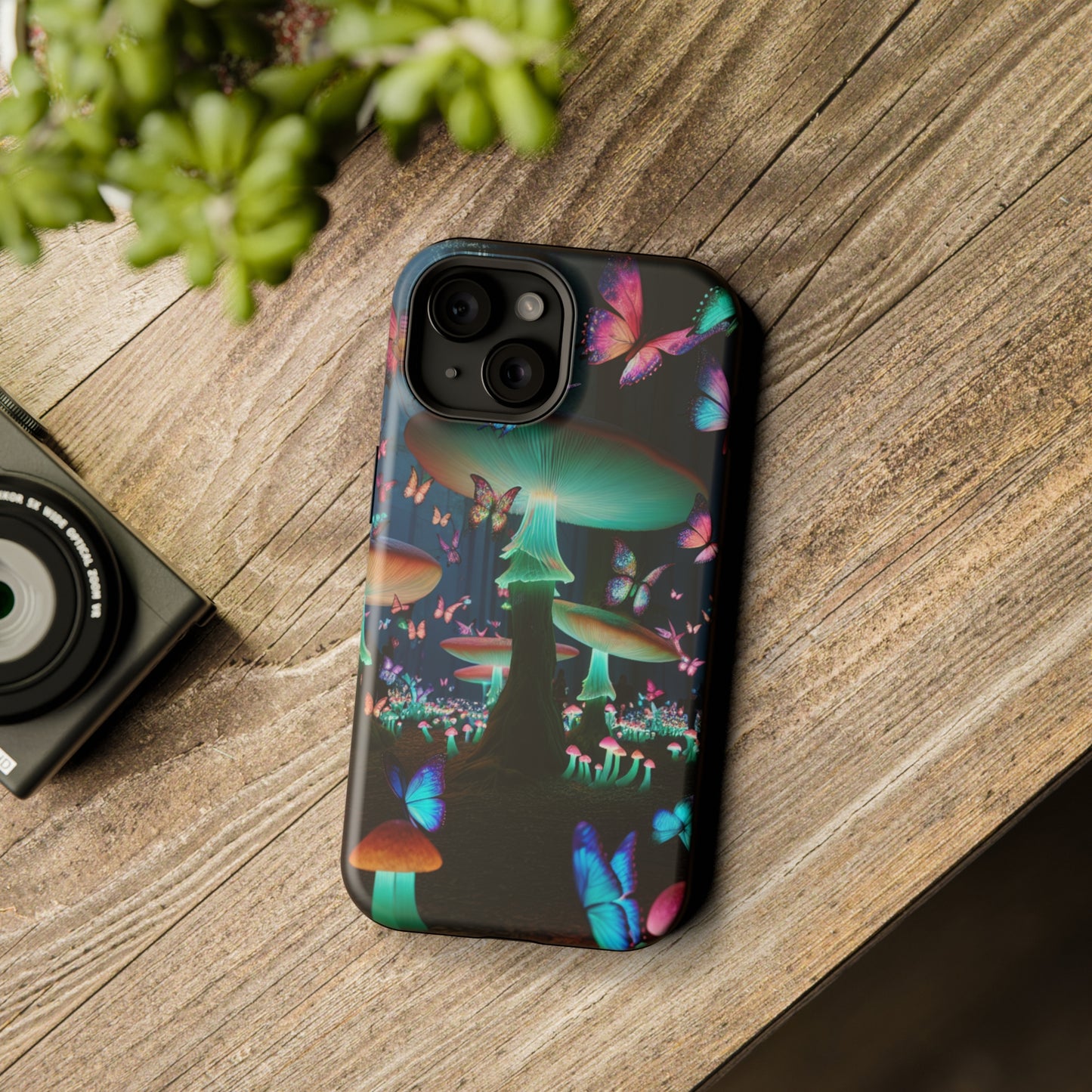 Neon Garden Delight. Neon Butterflies and Mushrooms Premium Art Magsafe Magnet Tough IPhone 13 14 15 Pro Plus Max and Mini in Matte and Glossy Phone cases