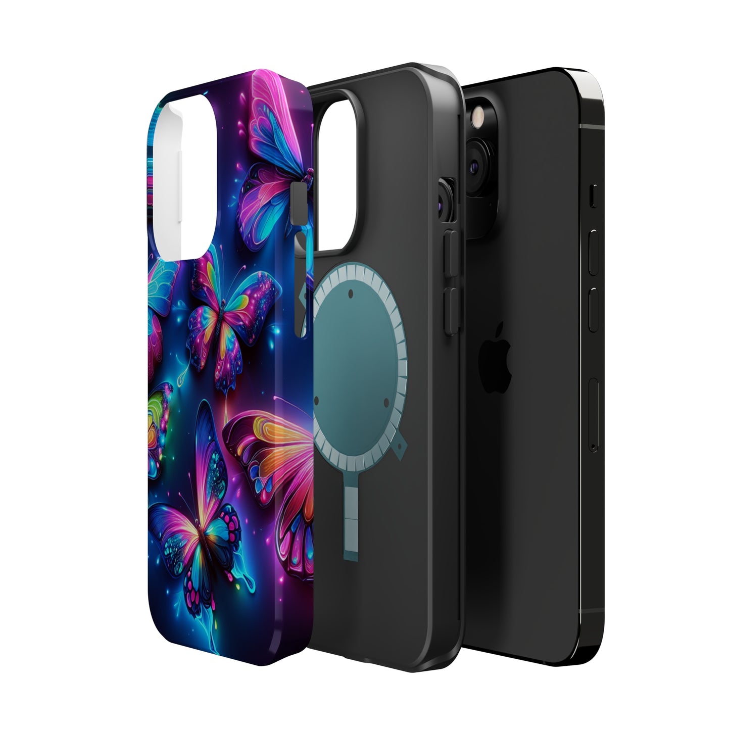"Neon Butterfly Muster" Neon Butterflies Premium Art Magsafe Magnet Tough IPhone 13 14 15 Pro Plus Max and Mini in Matte and Glossy Phone cases
