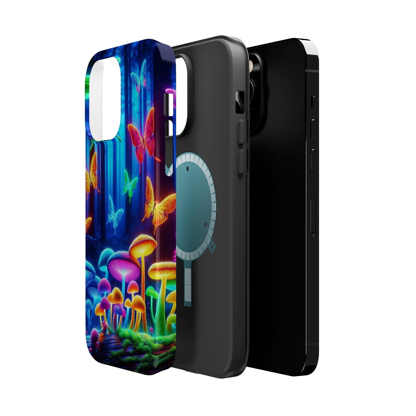 "Neon Garden Delight" Neon Butterflies and Mushrooms Premium Art Magsafe Magnet Tough IPhone 13 14 15 Pro Plus Max and Mini in Matte and Glossy Phone cases