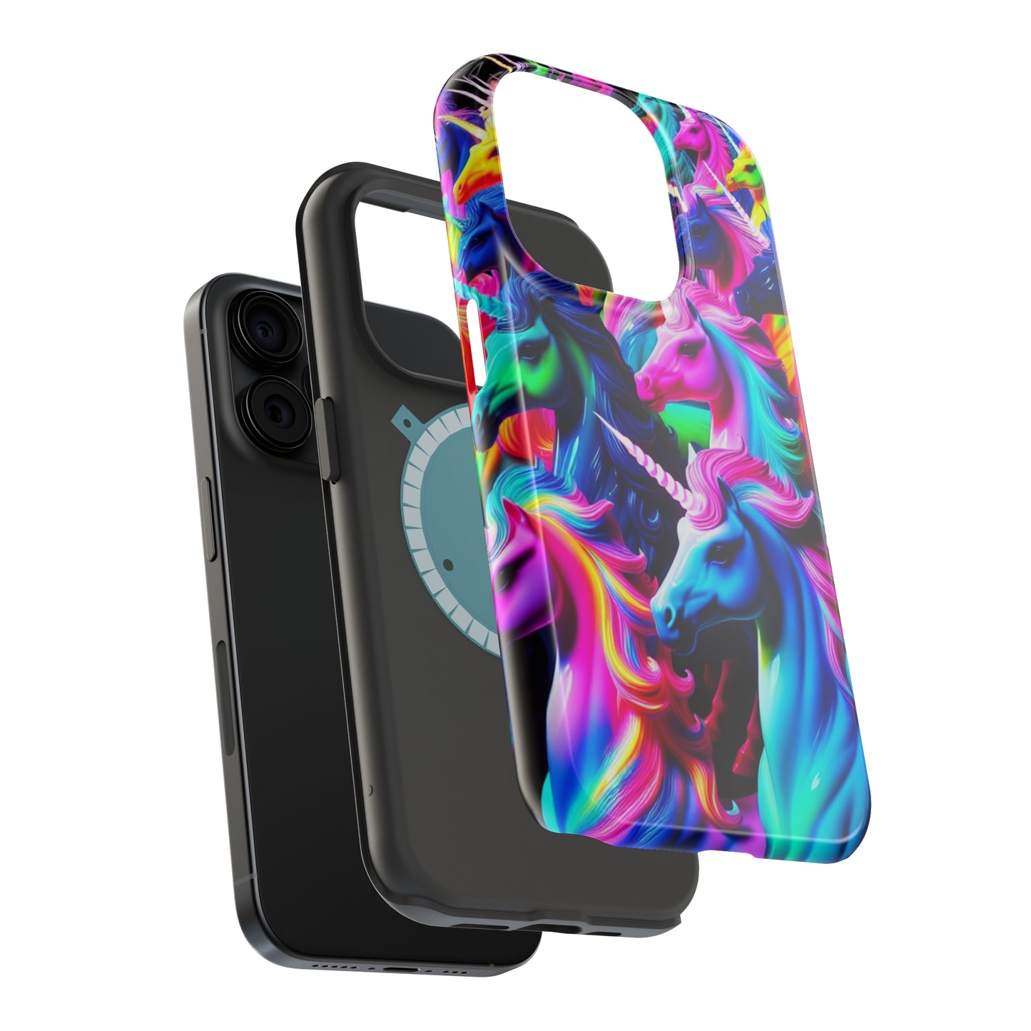 "Neon Illumination" Neon Unicorns Premium Art Magsafe Magnet Tough IPhone 13 14 15 Pro Plus Max and Mini in Matte and Glossy Phone cases