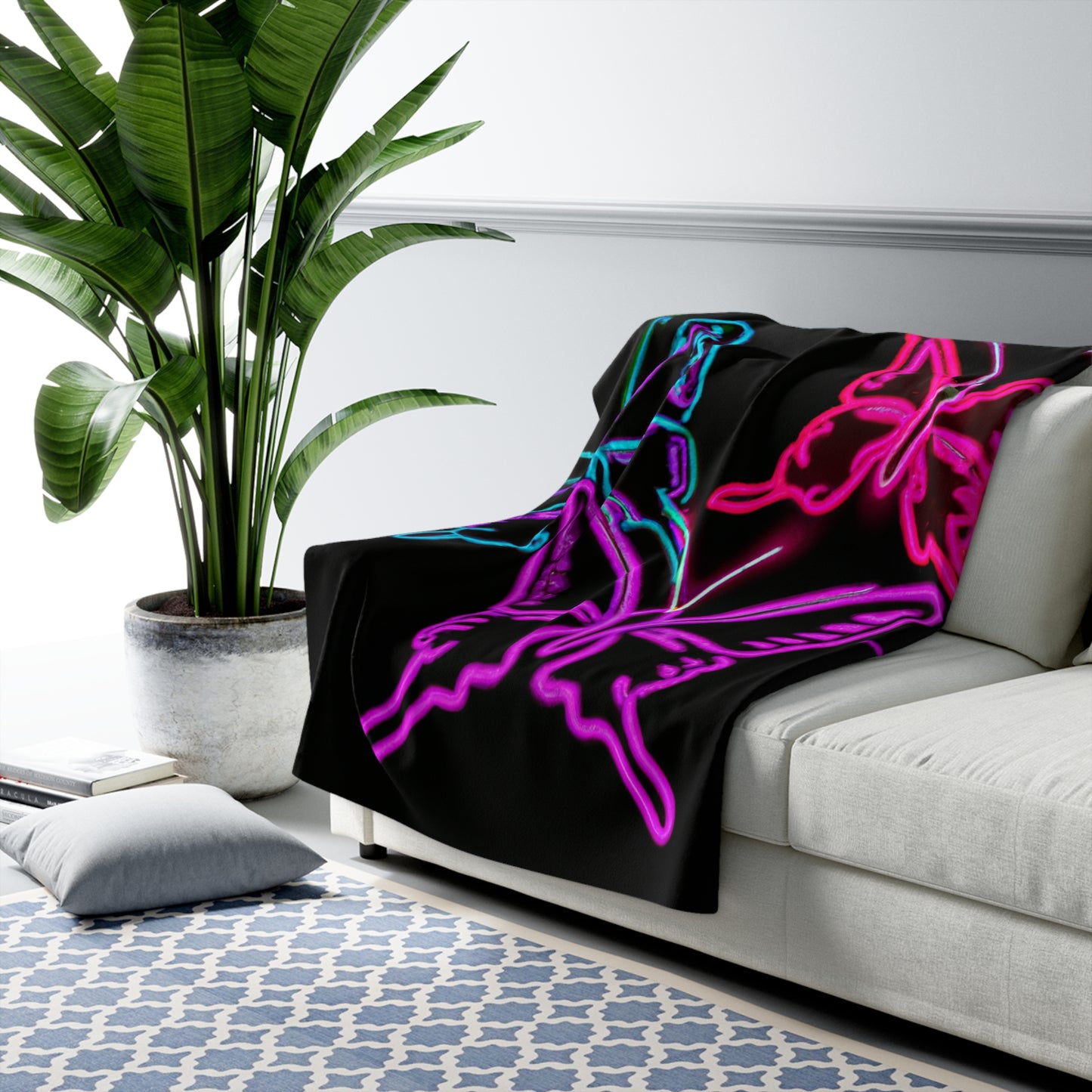 "Fluttering Fluorescence" - NEON Butterflies Art Sherpa Blanket