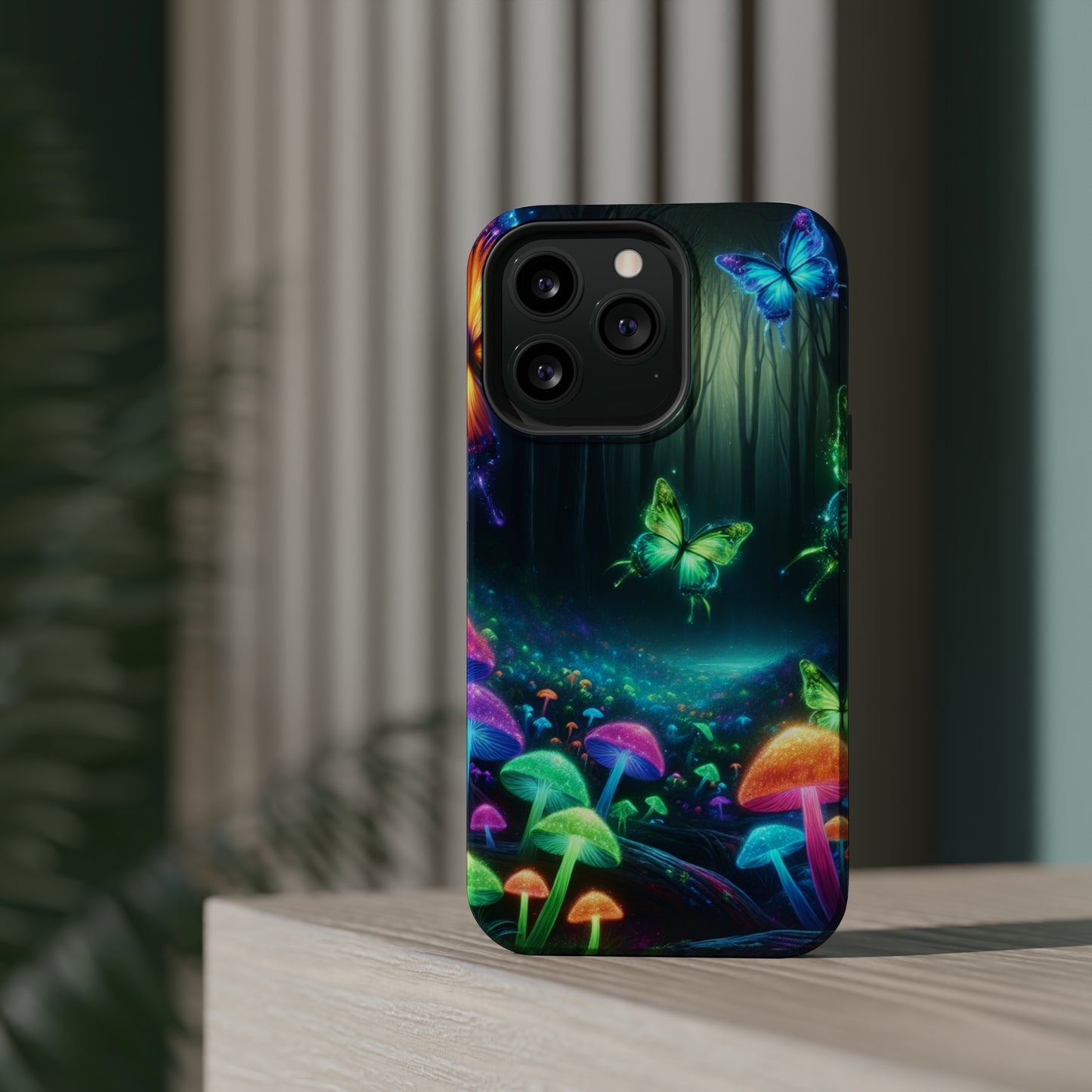 Neon Nocturne. Neon Butterflies and Mushrooms Premium Art Magsafe Magnet Tough IPhone 13 14 15 Pro Plus Max and Mini in Matte and Glossy Phone cases