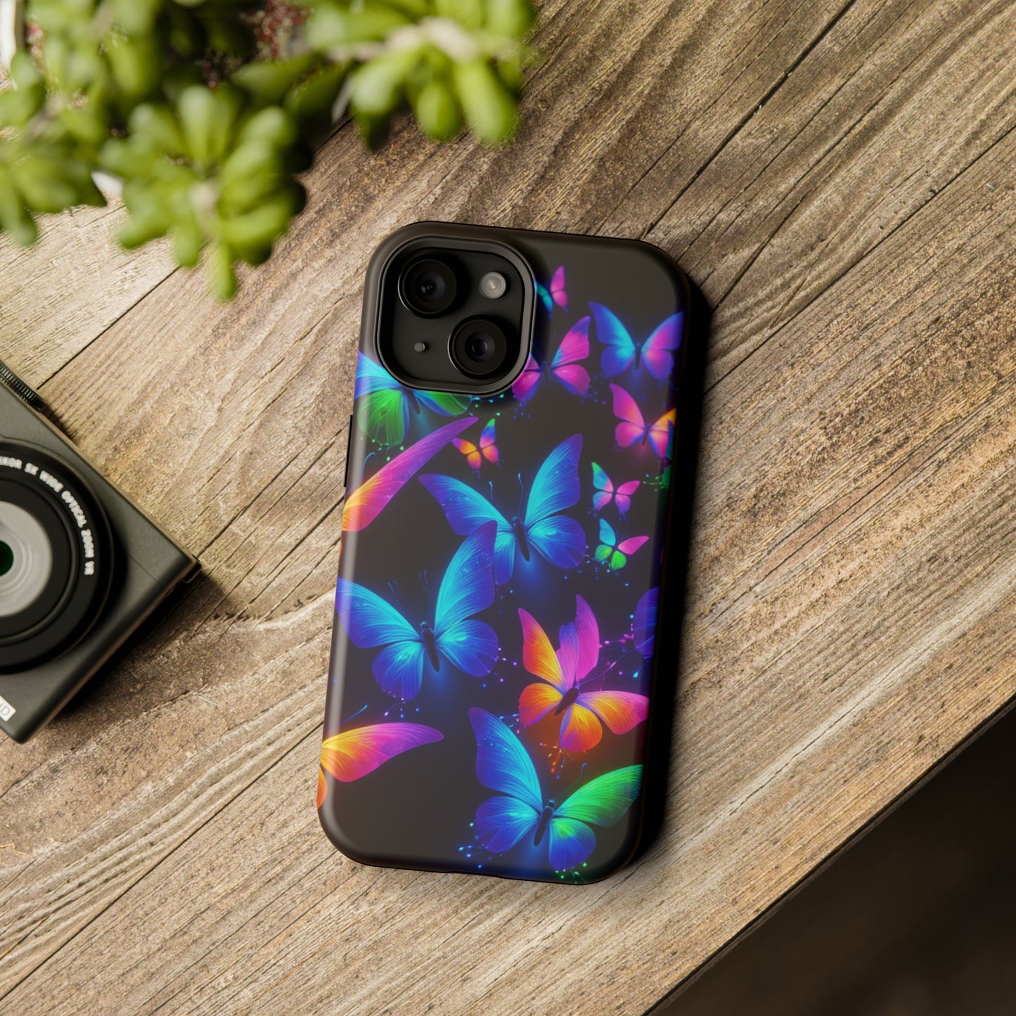 "Vibrant Neon Flutter" Neon Butterflies Premium Art Magsafe Magnet Tough IPhone 13 14 15 Pro Plus Max and Mini in Matte and Glossy Phone cases