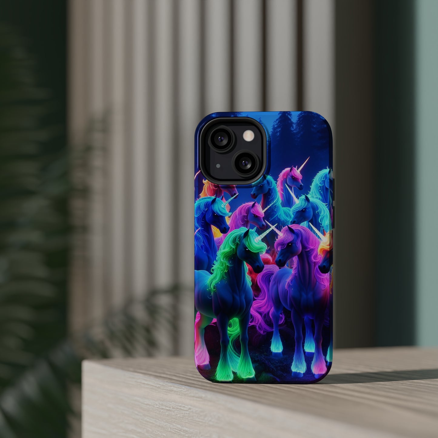"Neon Fantasyland" Neon Unicorns Premium Art Magsafe Magnet Tough IPhone 13 14 15 Pro Plus Max and Mini in Matte and Glossy Phone cases
