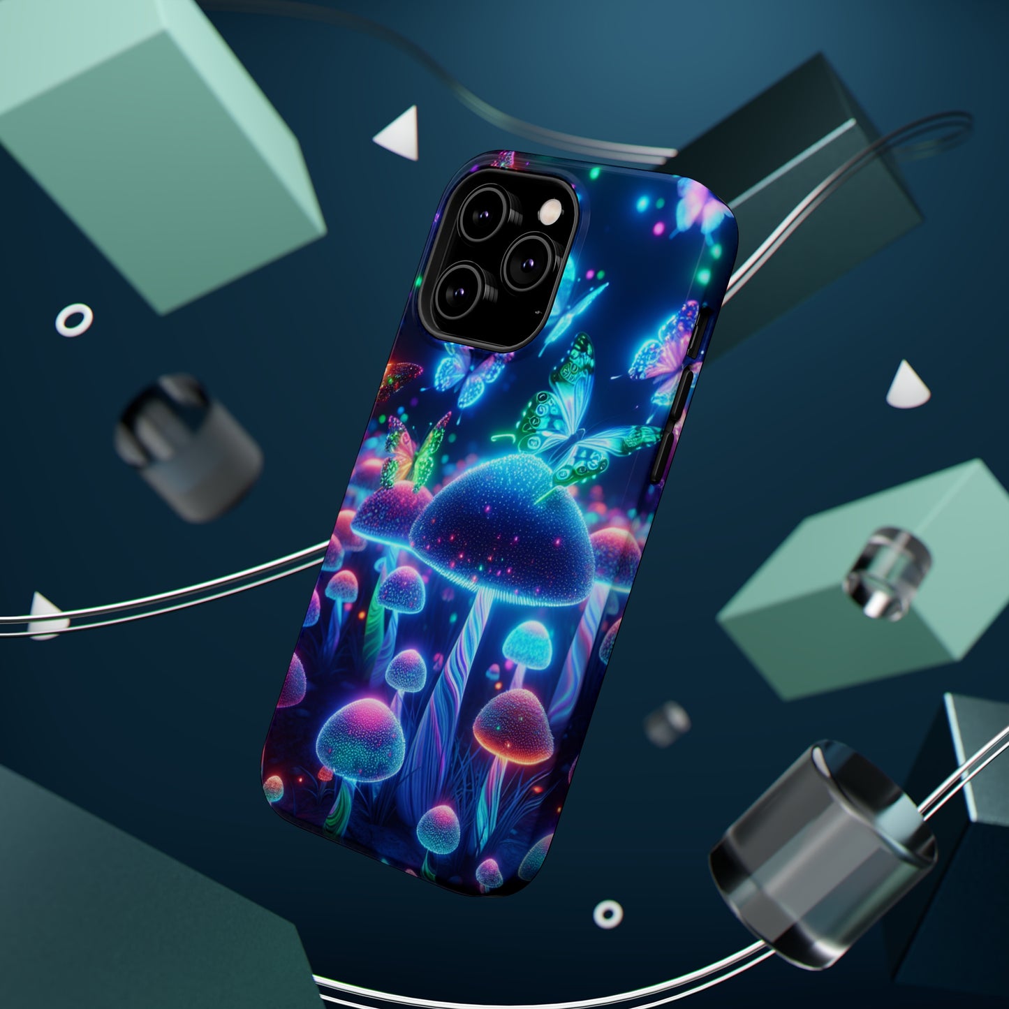 Neon Glitterbug Heaven. Neon Butterflies and Mushrooms Premium Art Magsafe Magnet Tough IPhone 13 14 15 Pro Plus Max and Mini in Matte and Glossy Phone cases