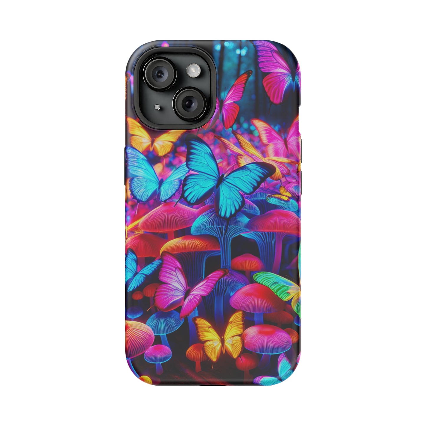 "Neon Tie-Dye Garden" Neon Butterflies and Mushrooms Premium Art Magsafe Magnet Tough IPhone 13 14 15 Pro Plus Max and Mini in Matte and Glossy Phone cases