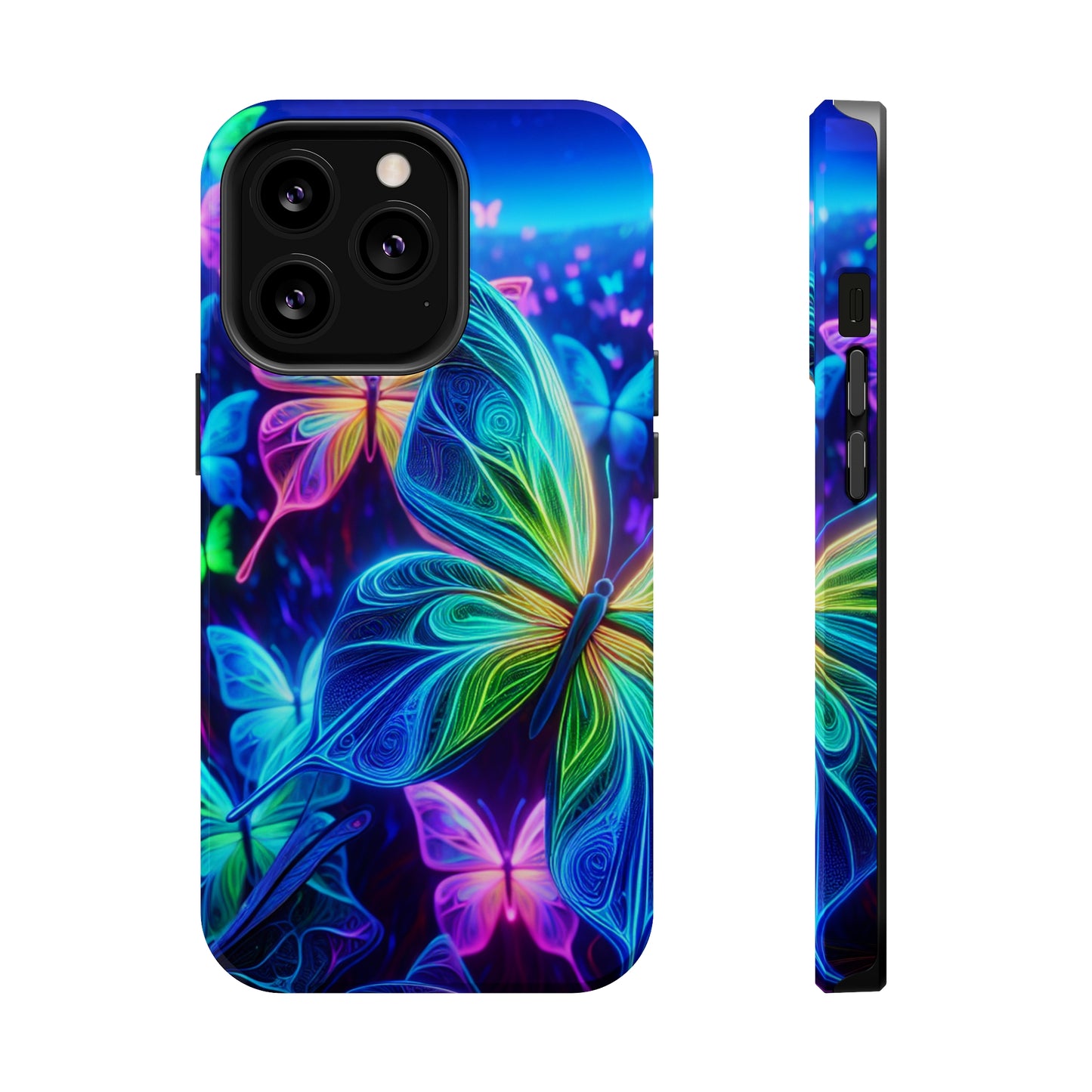 'Serene Spectacle of Neon Butterflies' Neon Butterflies Premium Art Magsafe Magnet Tough IPhone 13 14 15 Pro Plus Max and Mini in Matte and Glossy Phone cases