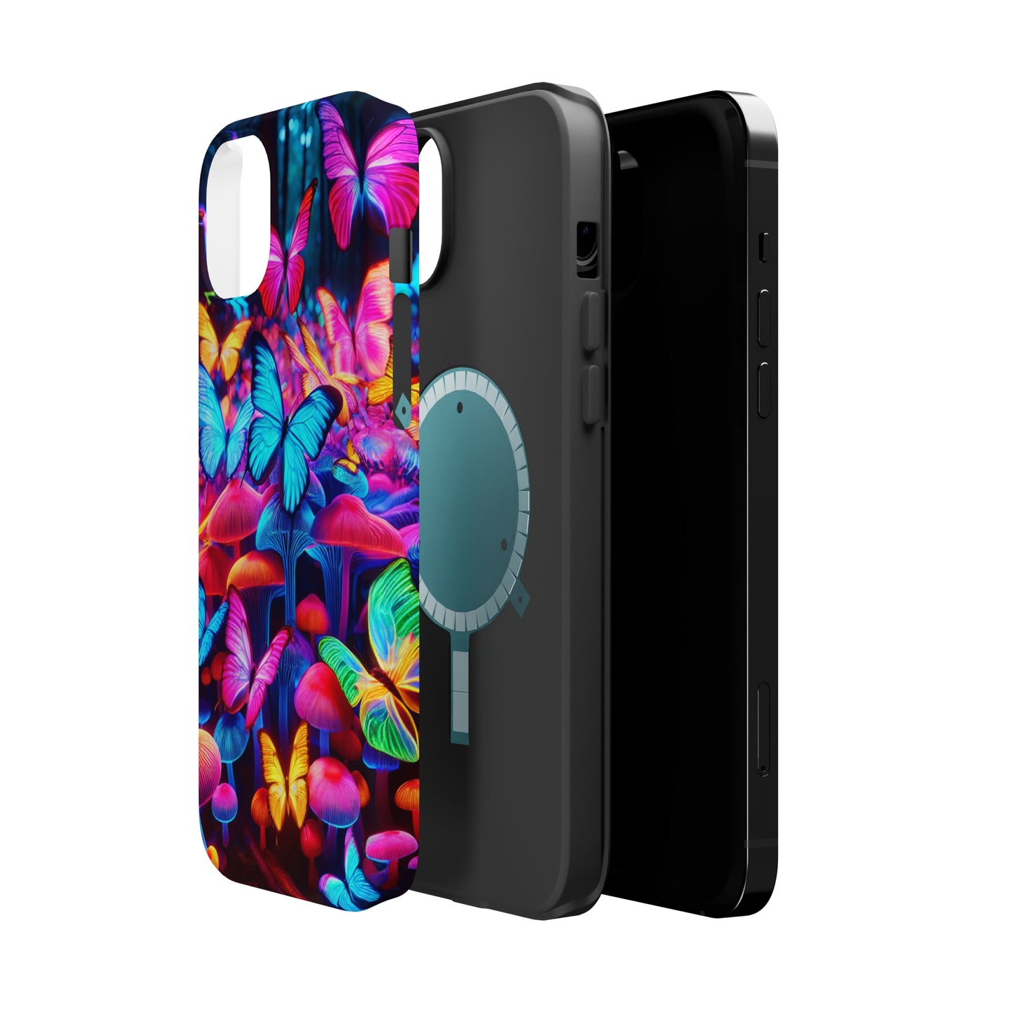 "Neon Tie-Dye Garden" Neon Butterflies and Mushrooms Premium Art Magsafe Magnet Tough IPhone 13 14 15 Pro Plus Max and Mini in Matte and Glossy Phone cases