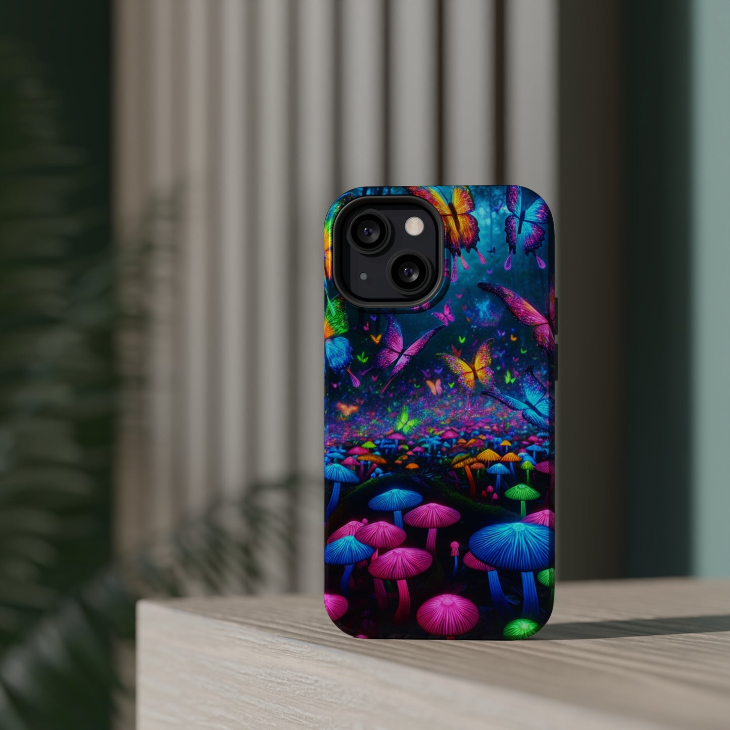 Neon Fruition Neon Butterflies and Mushrooms Premium Art Magsafe Magnet Tough IPhone 13 14 15 Pro Plus Max and Mini in Matte and Glossy Phone cases