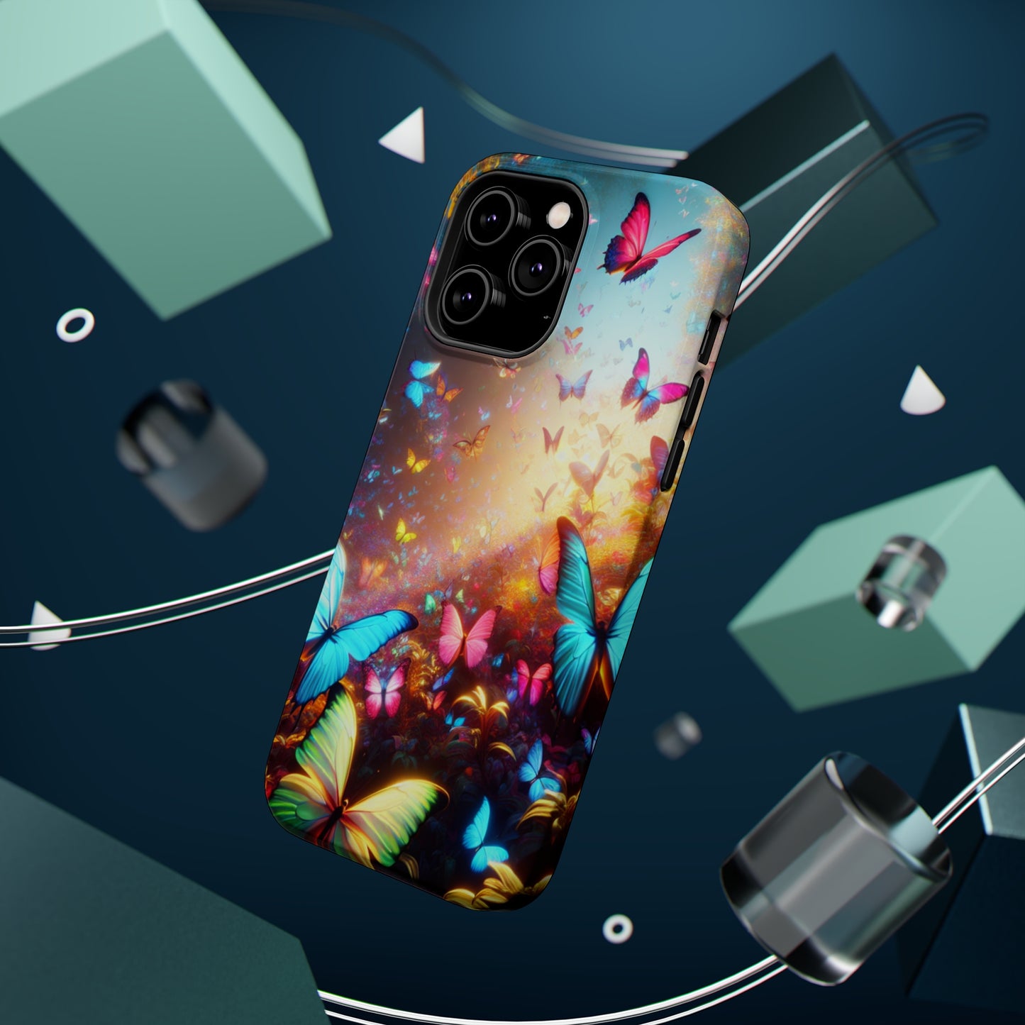 "Neon Butterfly Blooms" Neon Butterflies Premium Art Magsafe Magnet Tough IPhone 13 14 15 Pro Plus Max and Mini in Matte and Glossy Phone cases