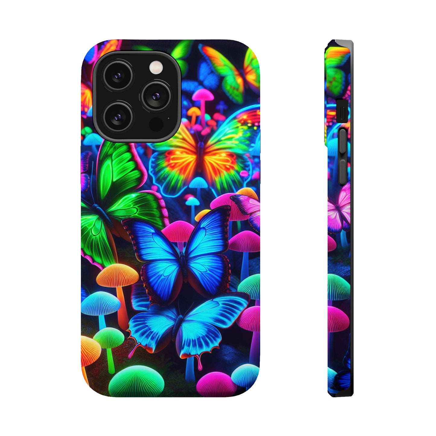 "Fantastic Fruition" Neon Butterflies and Mushrooms Premium Art Magsafe Magnet Tough IPhone 13 14 15 Pro Plus Max and Mini in Matte and Glossy Phone cases
