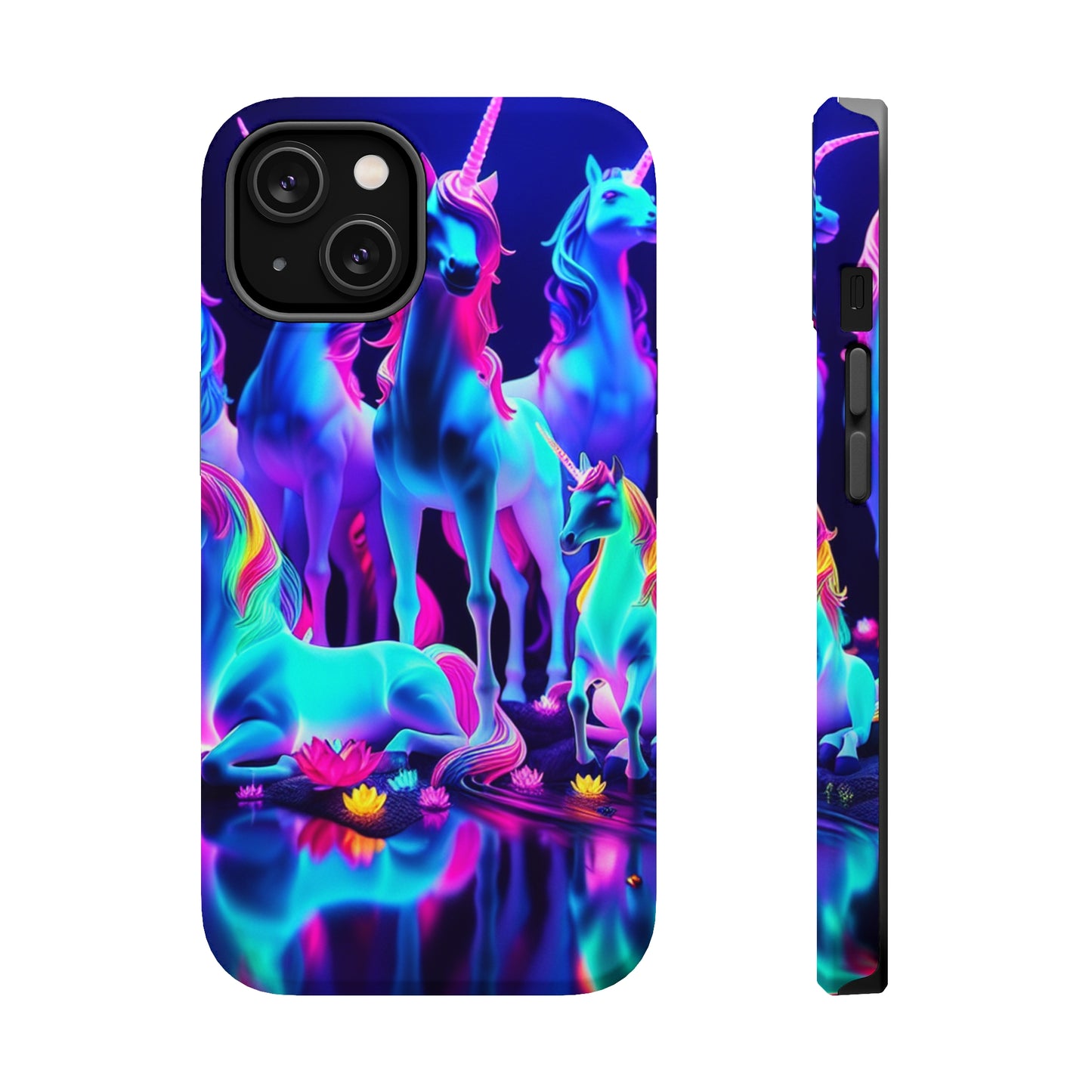 'Neon Dreamscape of Uni-Colors' Neon Unicorns Premium Art Magsafe Magnet Tough IPhone 13 14 15 Pro Plus Max and Mini in Matte and Glossy Phone cases