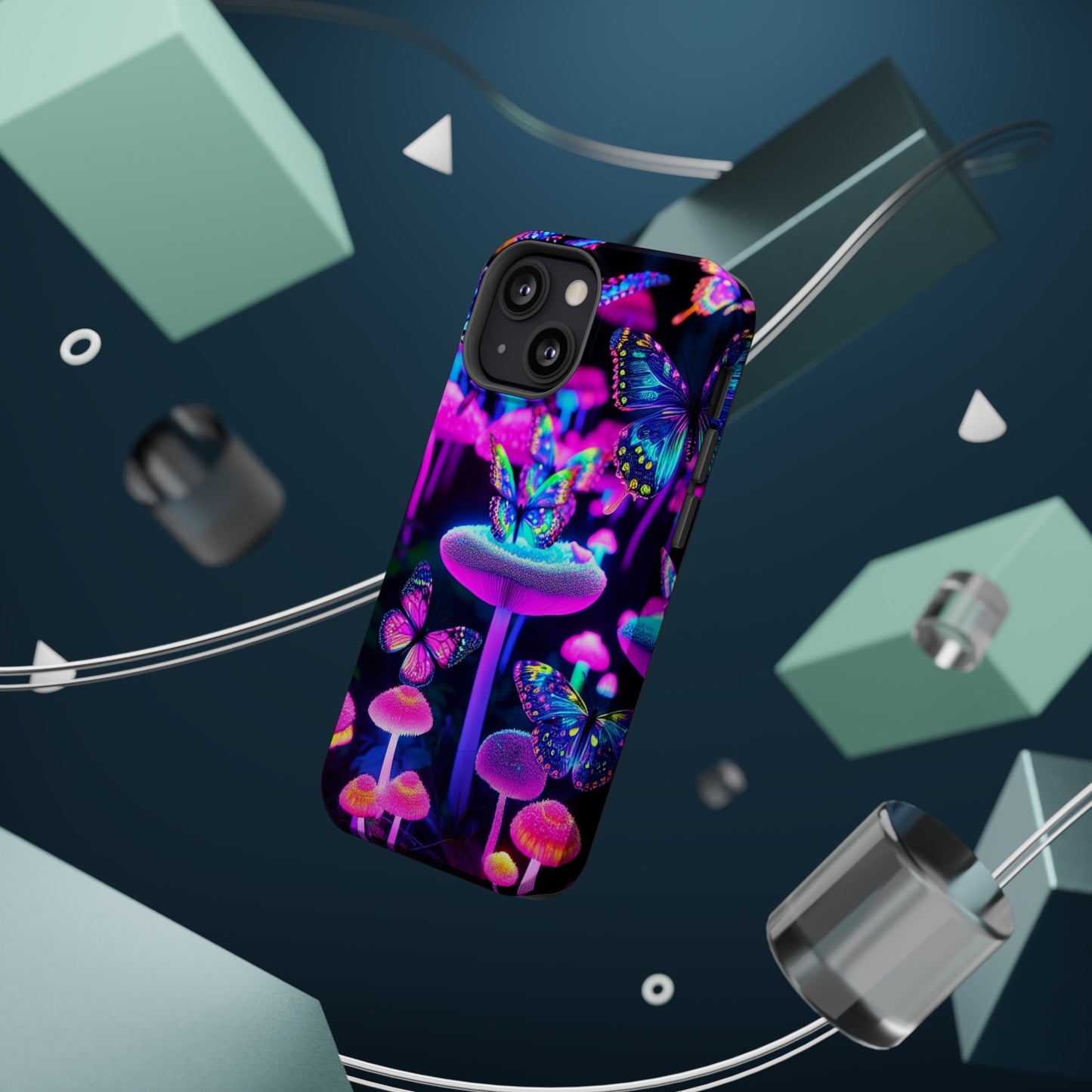 "Neon Gloomsprite Dance" Neon Butterflies and Mushrooms Premium Art Magsafe Magnet Tough IPhone 13 14 15 Pro Plus Max and Mini in Matte and Glossy Phone cases