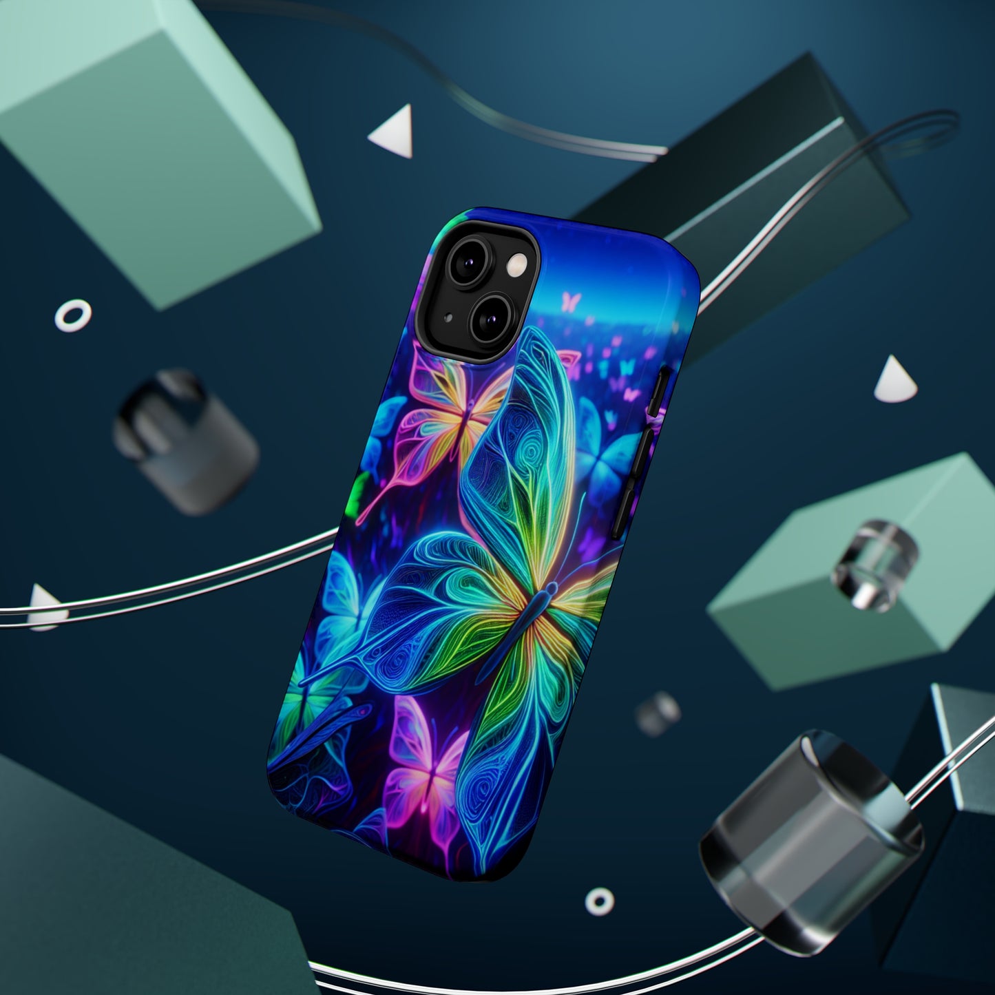 'Serene Spectacle of Neon Butterflies' Neon Butterflies Premium Art Magsafe Magnet Tough IPhone 13 14 15 Pro Plus Max and Mini in Matte and Glossy Phone cases