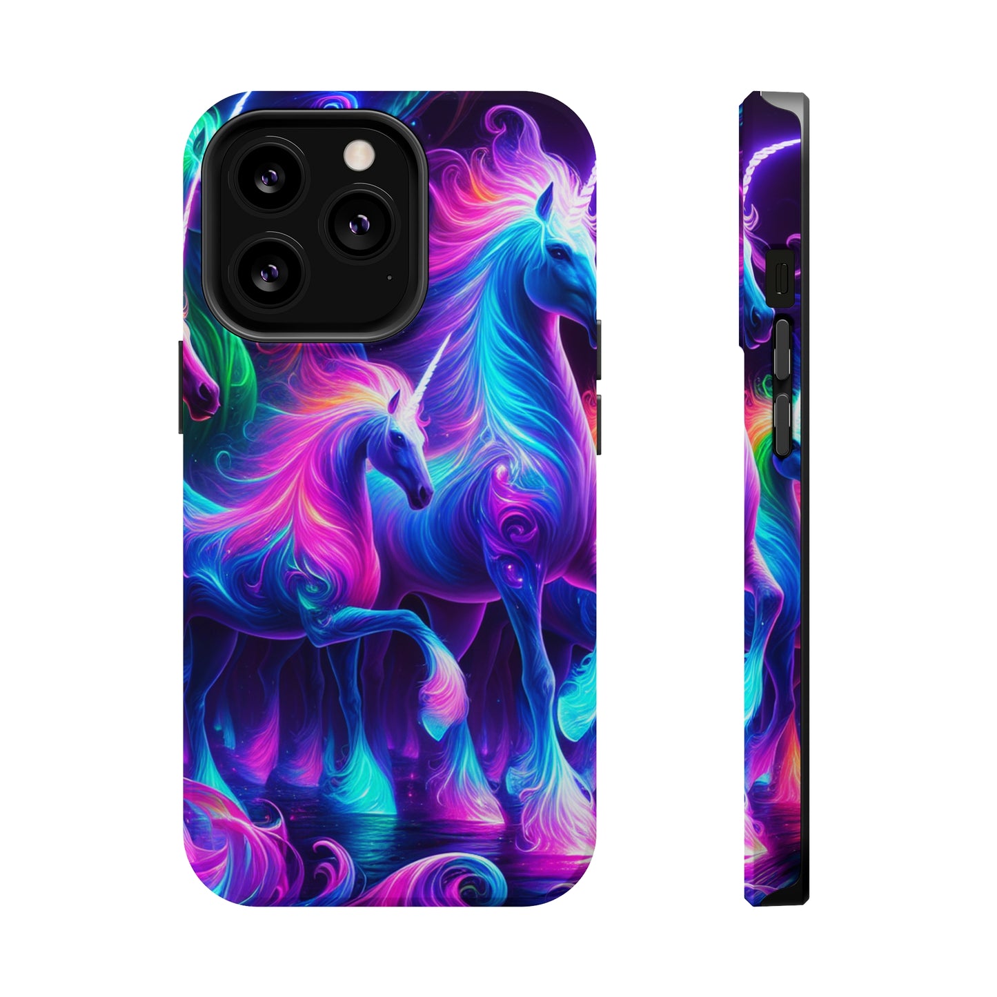 Neon Uniflourish Neon Unicorns Premium Art Magsafe Magnet Tough IPhone 13 14 15 Pro Plus Max and Mini in Matte and Glossy Phone cases