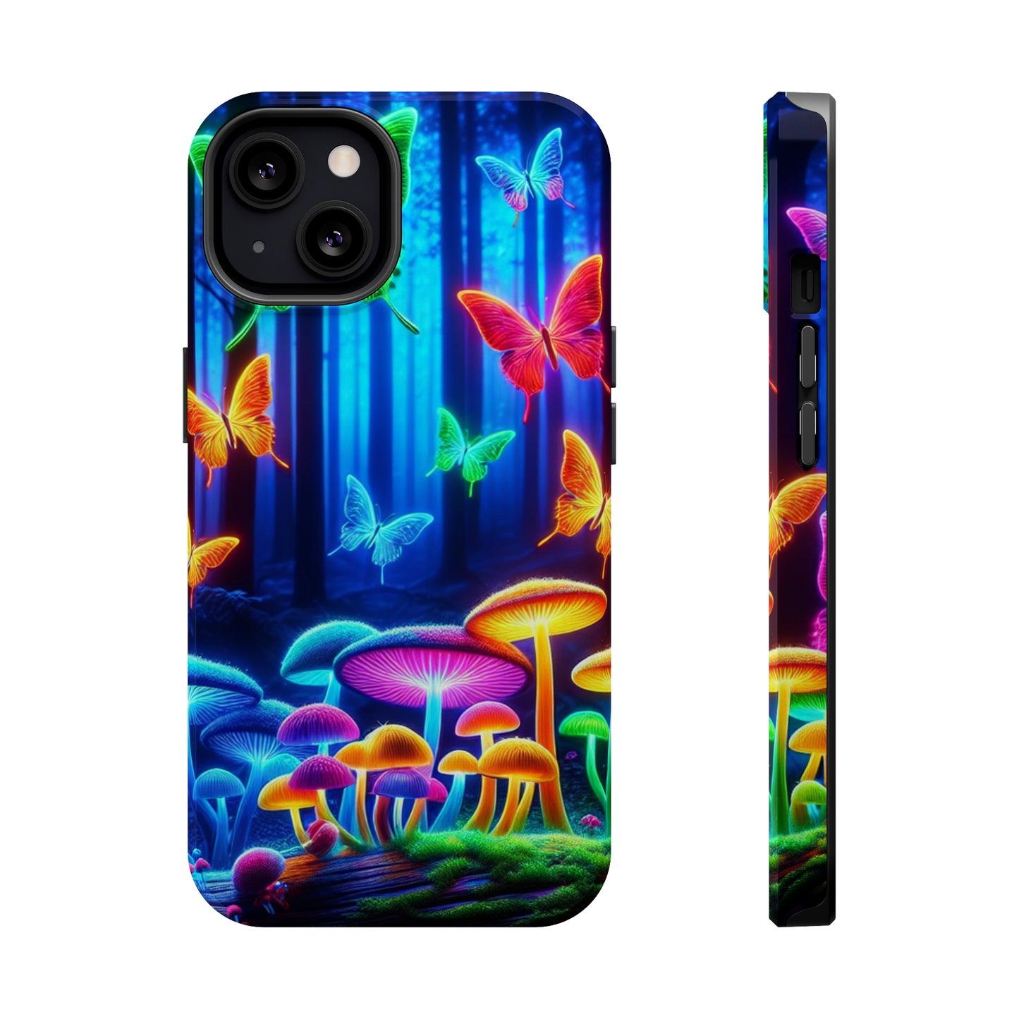 "Neon Garden Delight" Neon Butterflies and Mushrooms Premium Art Magsafe Magnet Tough IPhone 13 14 15 Pro Plus Max and Mini in Matte and Glossy Phone cases