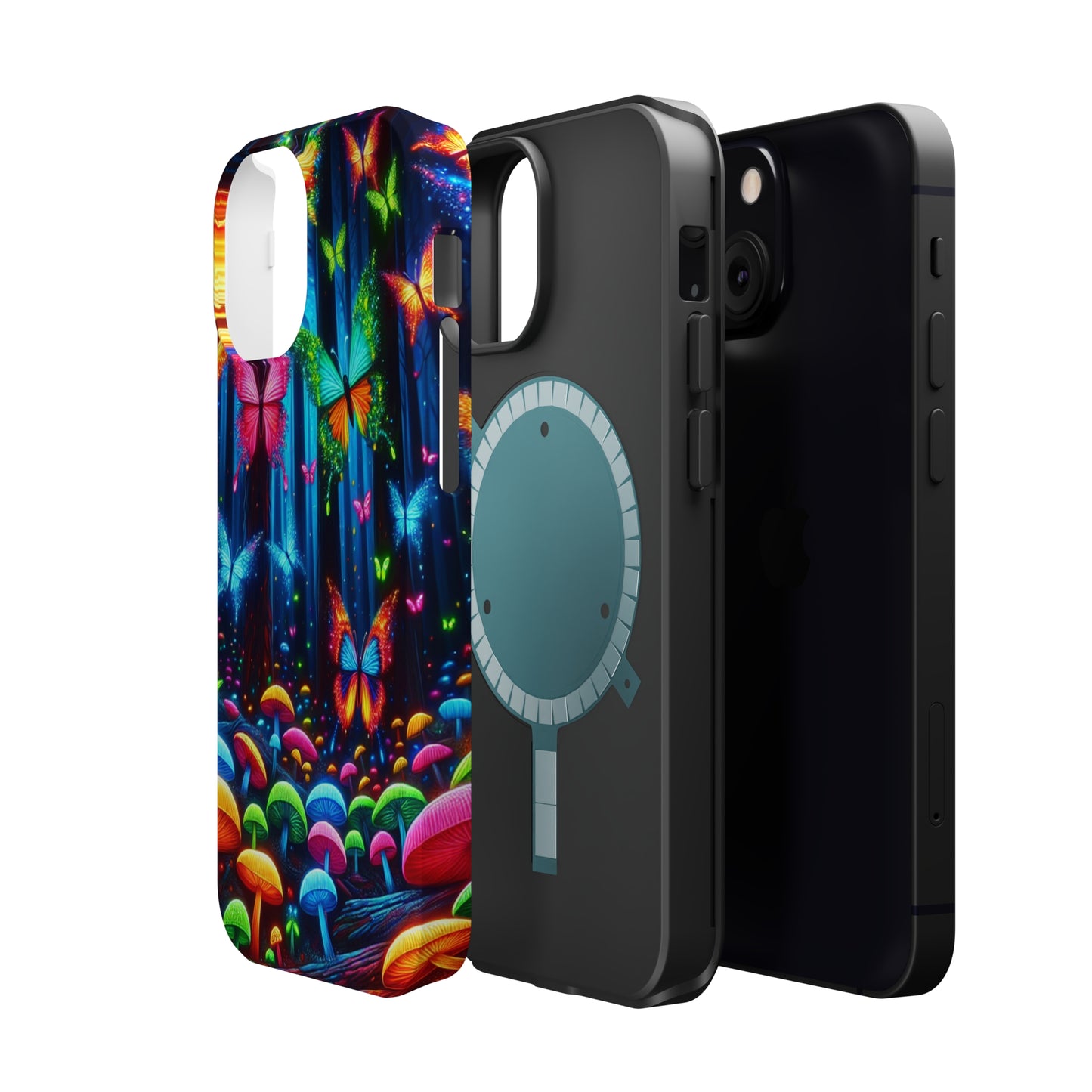 Neon Fantasia. Neon Butterflies and Mushrooms Premium Art Magsafe Magnet Tough IPhone 13 14 15 Pro Plus Max and Mini in Matte and Glossy Phone cases