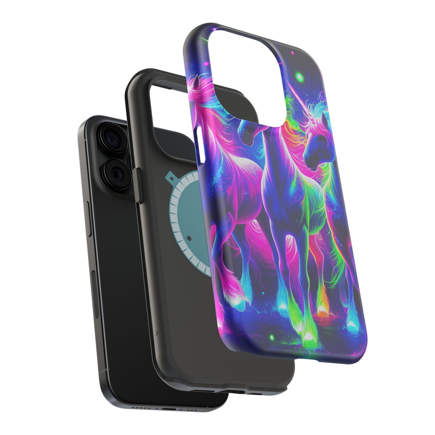 "Uni-Neon Fantasy" Neon Unicorns Premium Art Magsafe Magnet Tough IPhone 13 14 15 Pro Plus Max and Mini in Matte and Glossy Phone cases