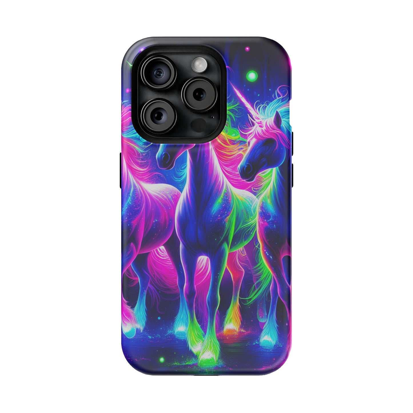 "Uni-Neon Fantasy" Neon Unicorns Premium Art Magsafe Magnet Tough IPhone 13 14 15 Pro Plus Max and Mini in Matte and Glossy Phone cases